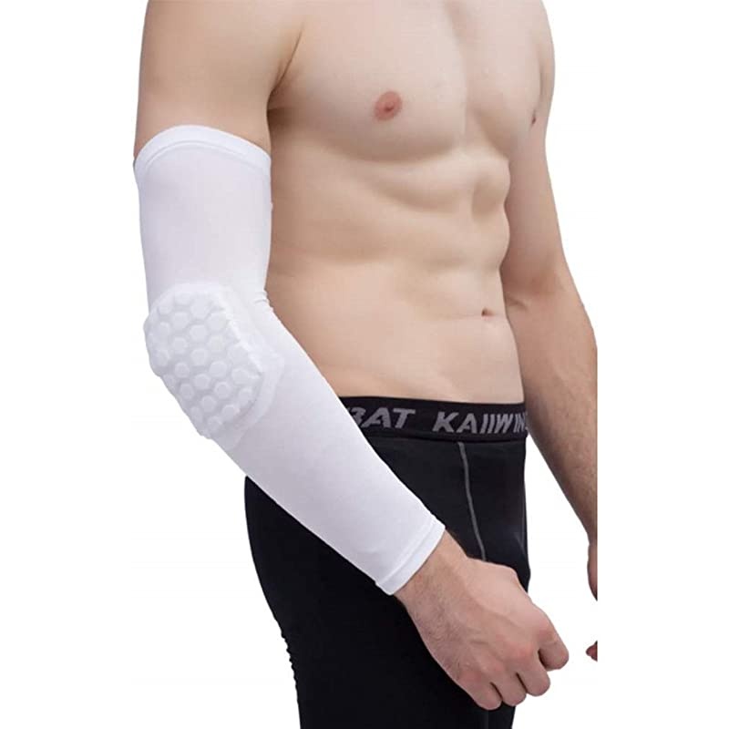 Hex Padded Arm Sleeve Compression Padded Elbow Arm Sleeve with Elbow Pad for Football Volleyball Baseball Protection 1 Pair White Size L