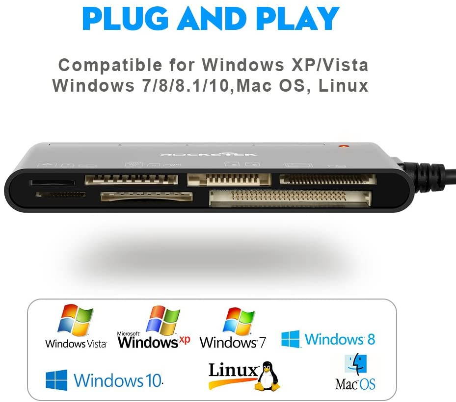 Rocketek USB 3.0 Memory Card Reader/Writer for CF Card, xD Card, SD Card, Micro SD Card, MS Card, with a 13cm USB Cable design - 5 cards read simultaneously