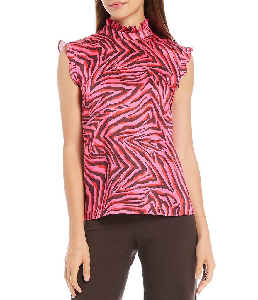 Julie Brown Juliana All Over Print Ruffle Mock Neck Blouse