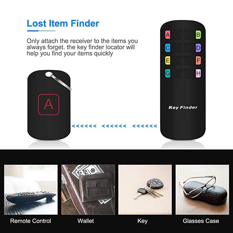 Key Finder,  Wireless RF Item Locator with 1 RF Transmitter and 8 Receivers, Item Tracker Support Remote Control, Wireless Key RF Locator, Pet Wallet Luggage Tracker 130ft Working Range