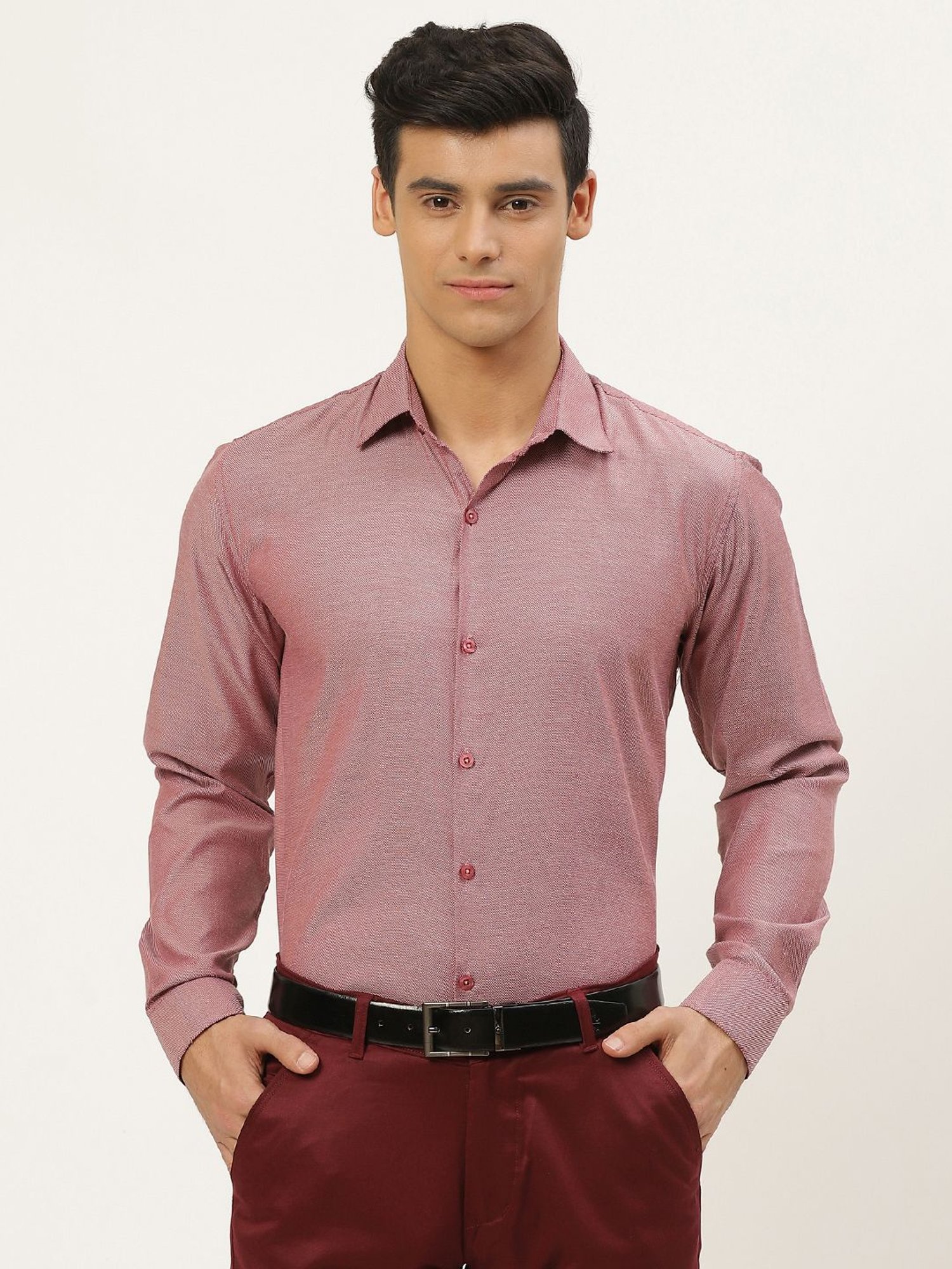 Sojanya Maroon Cotton Regular Fit Self Pattern Shirt