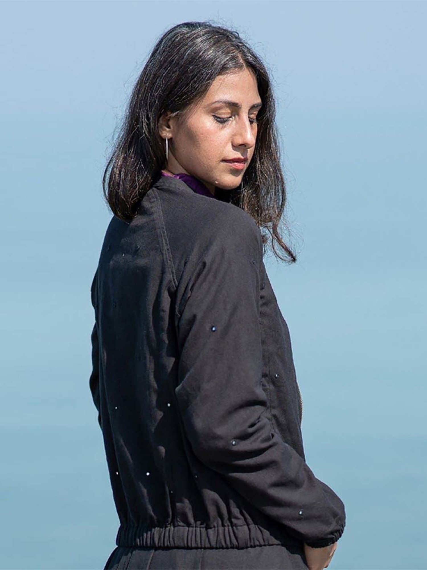 Okhai Sitaare Black Pure Cotton Hand Embroidered Bomber Jacket