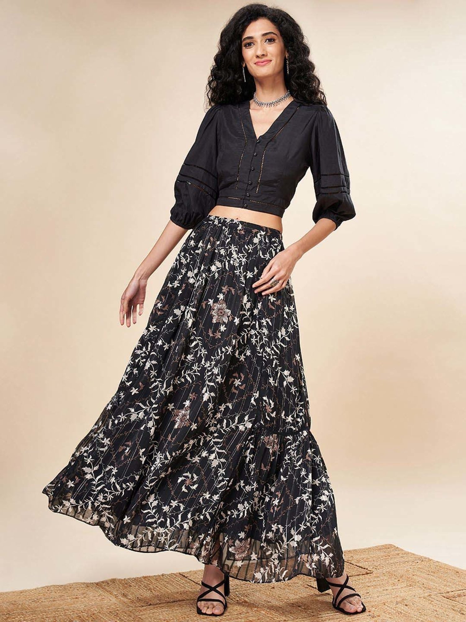 Marigold Lane Black Floral Print Maxi Skirt