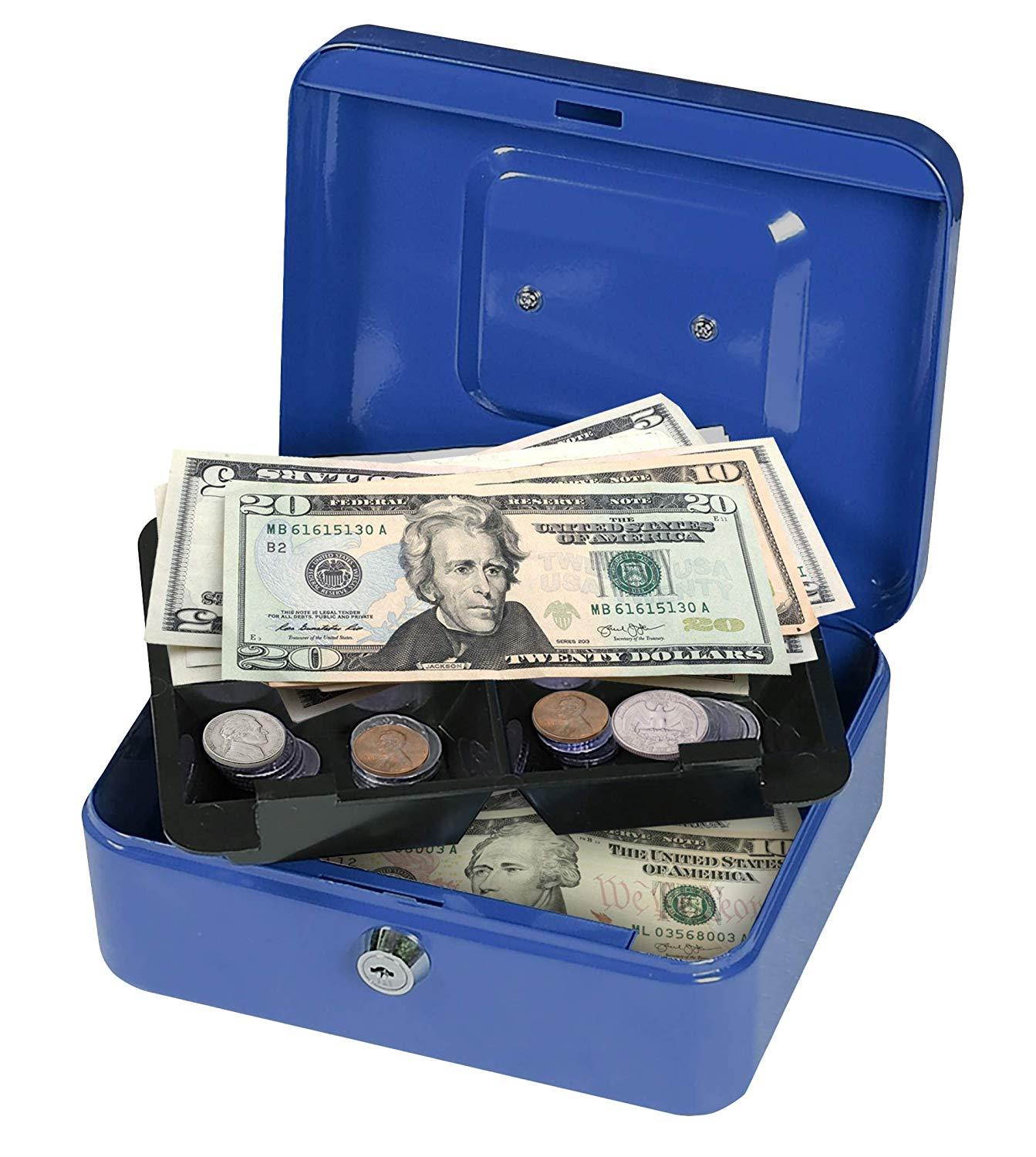 First Alert 1036620 Cash Box with Key Lock and Removable Tray.1 Cubic Ft, Blue