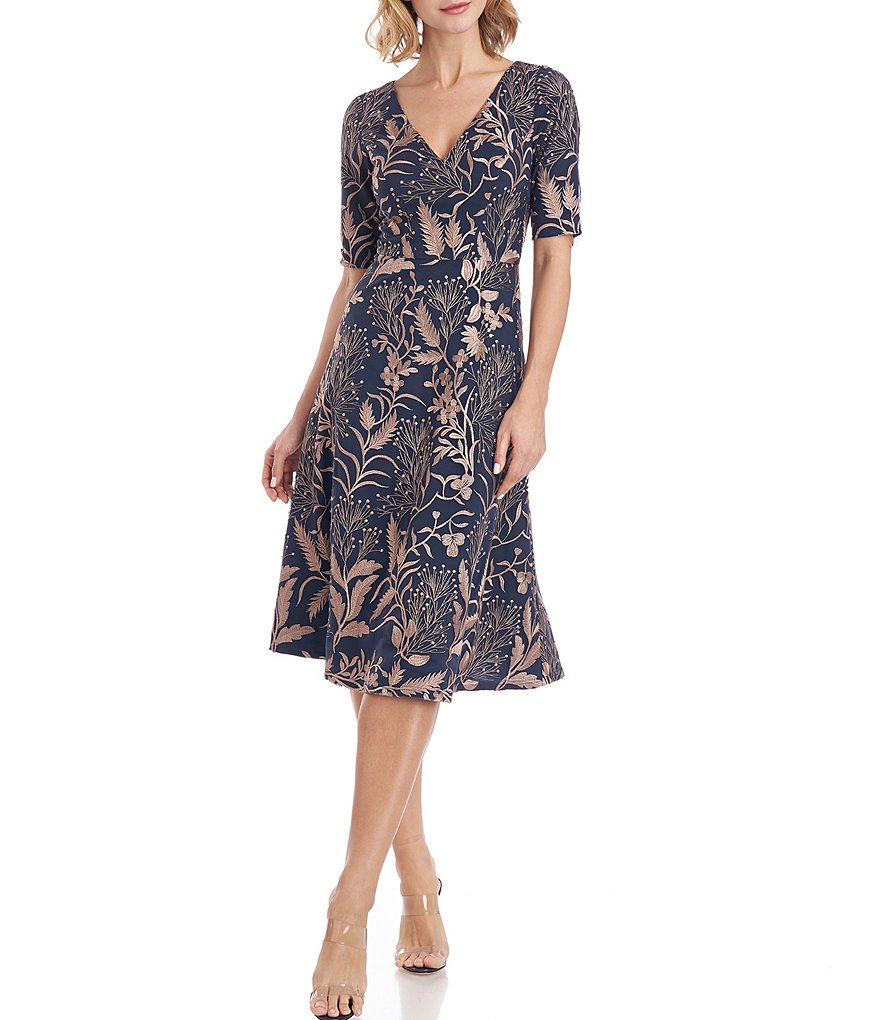 JS Collections Tilly V-Neck Short Elbow Sleeve Embroidered Midi Dress