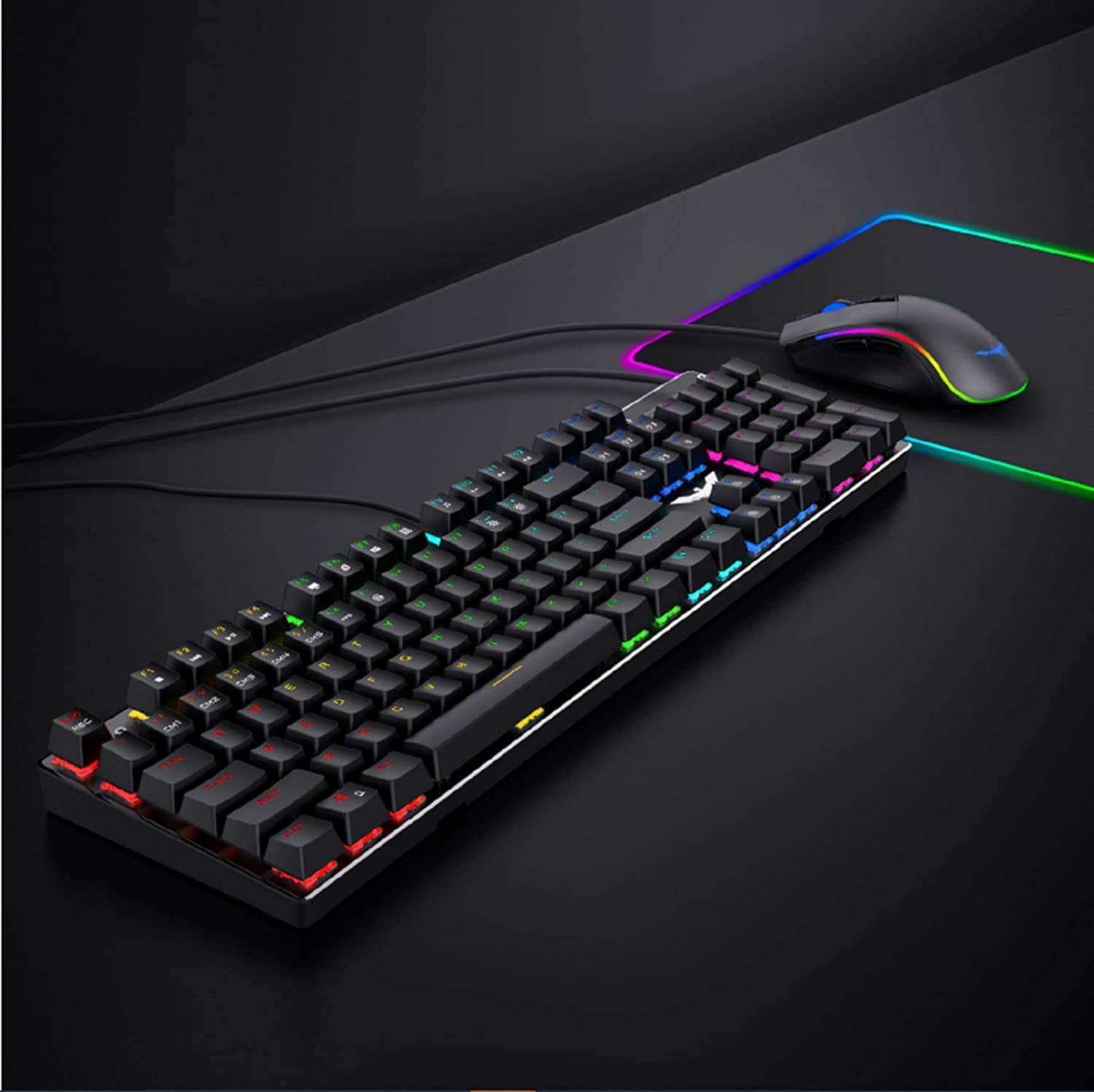 Havit Mechanical Gaming Keyboard and Mouse Combo Blue Switch 104 Keys Rainbow Backlit Keyboards, 4800DPI 7 Button Mouse Wired for PC Gamer Computer Laptop