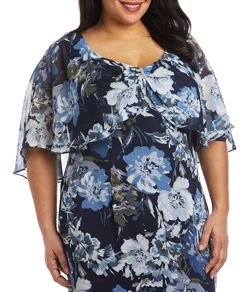 R & M Richards Plus Size V-Neck Short Flutter Sleeve Floral Hi-Low Capelet Dress