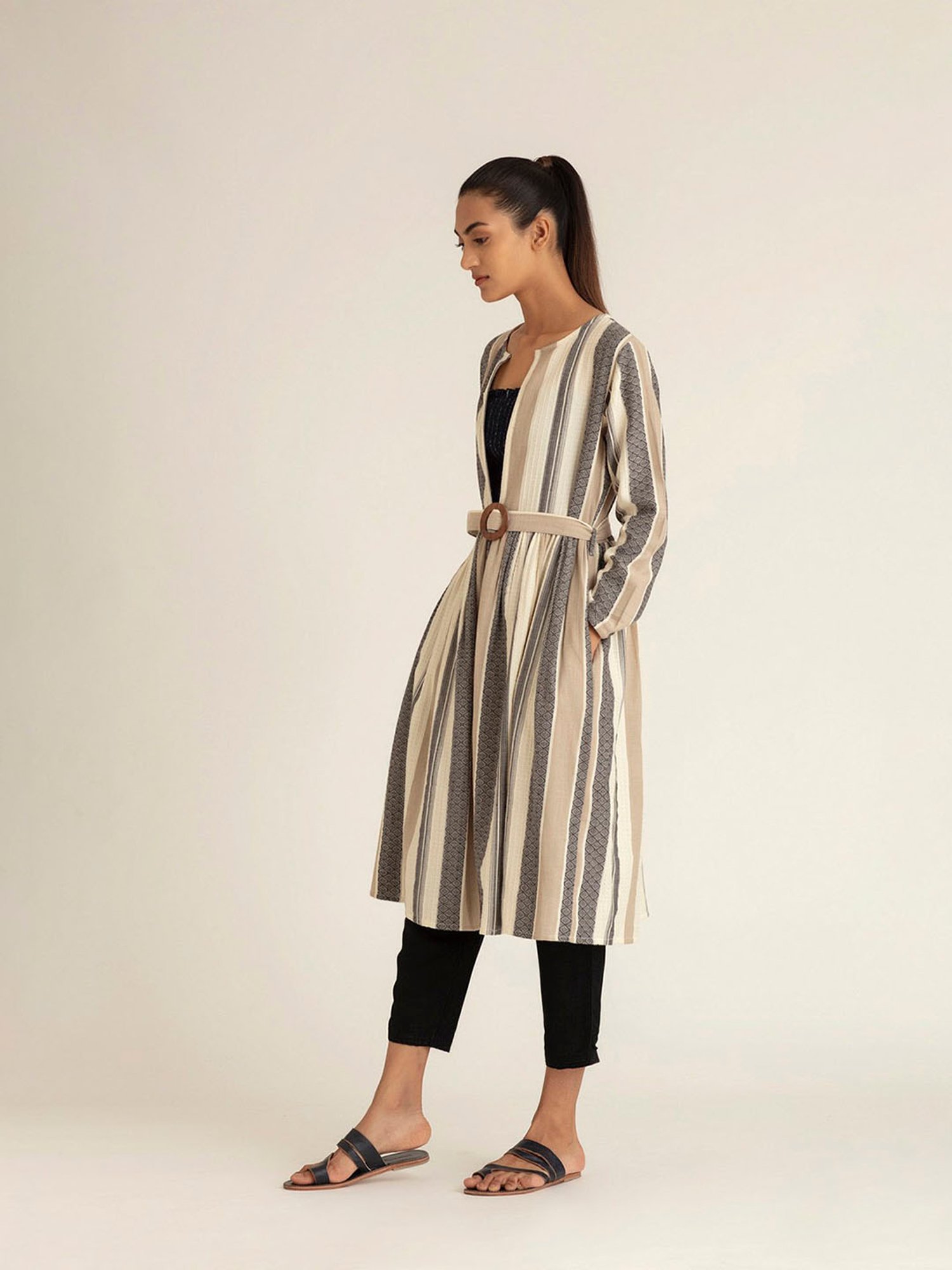 Ancestry Multicolor Stripes Belted Overlay