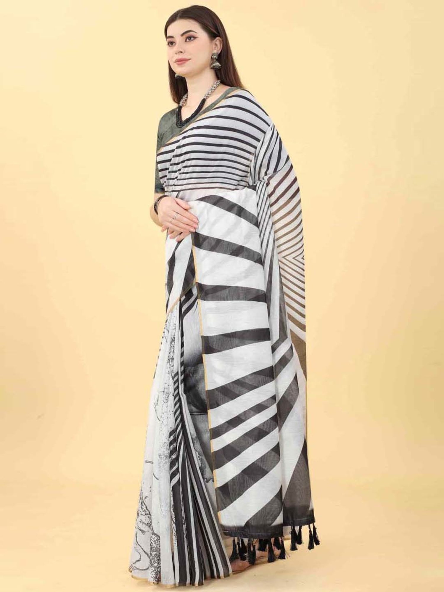 Silk Land White & Black Printed Saree With Unstitched Blouse