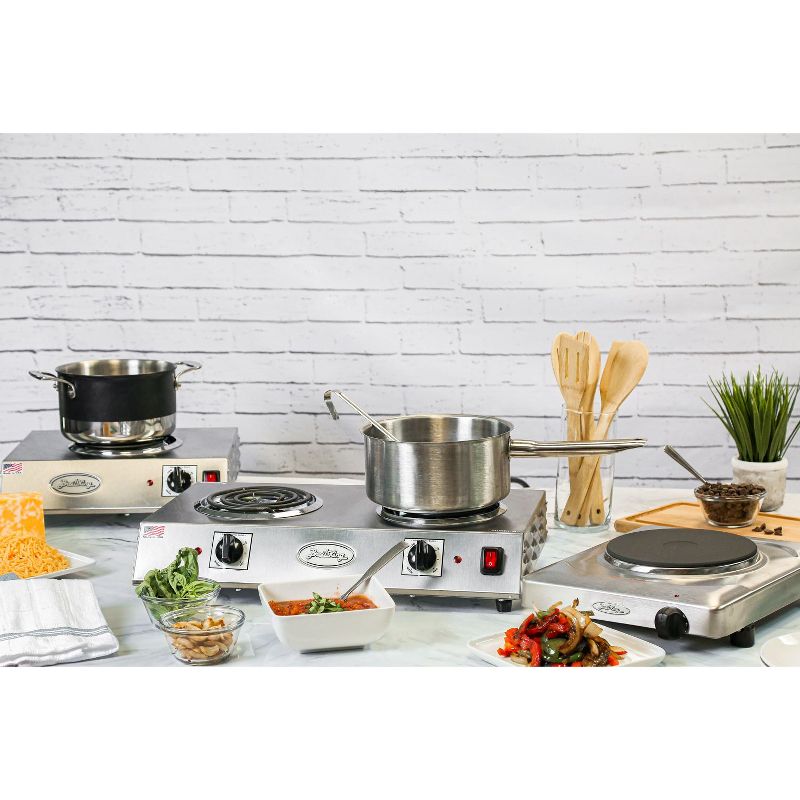 BroilKing PCR-1S Heavy Duty Cast Iron 1500 Watt Heating Disc Single Burner Range Hot Plate with Built-In Thermometer and 4 Non-Skid Feet, Silver