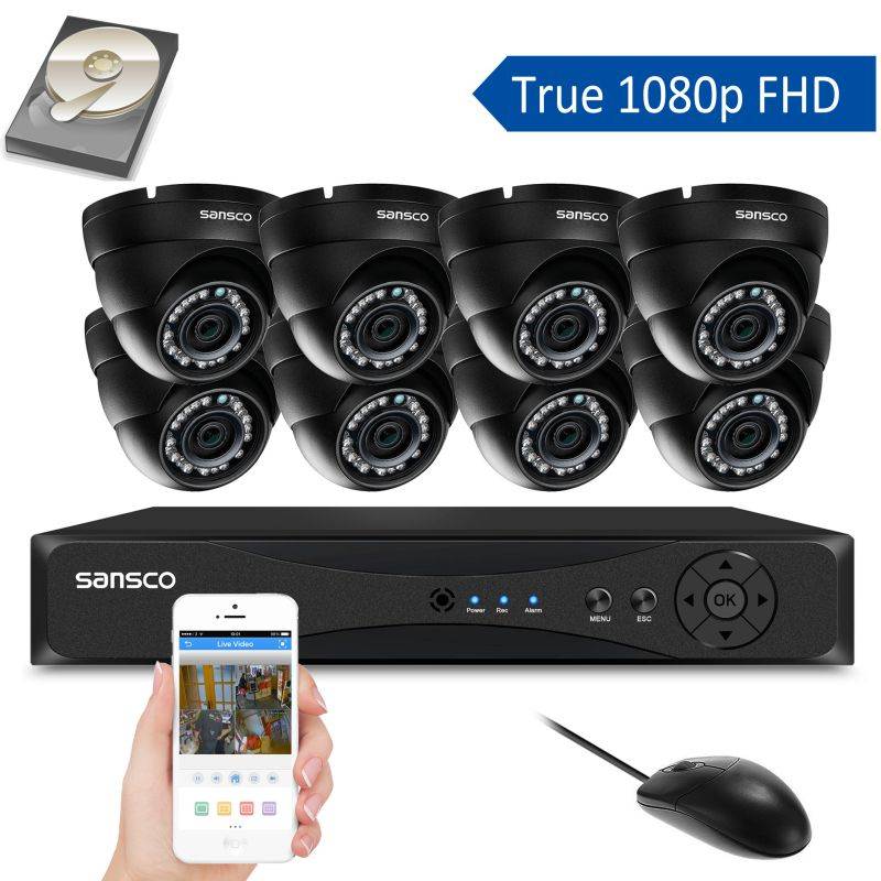 SANSCO 8-Channel 1080P DVR Recorder CCTV Security System with 8x Super HD 2.0MP Outdoor Cameras and 2TB Hard Drive (1920x1080 Dome Cam, Rapid USB Storage Backup, Vandal and Water-Proof Body)