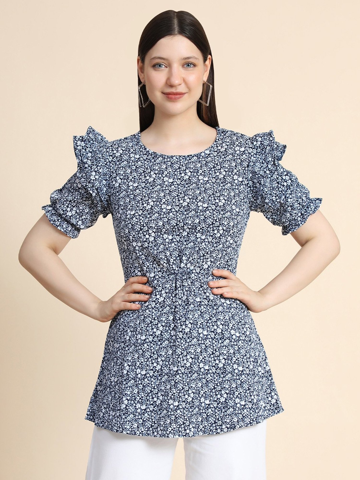 KERI PERRY Navy & White Floral Print Top