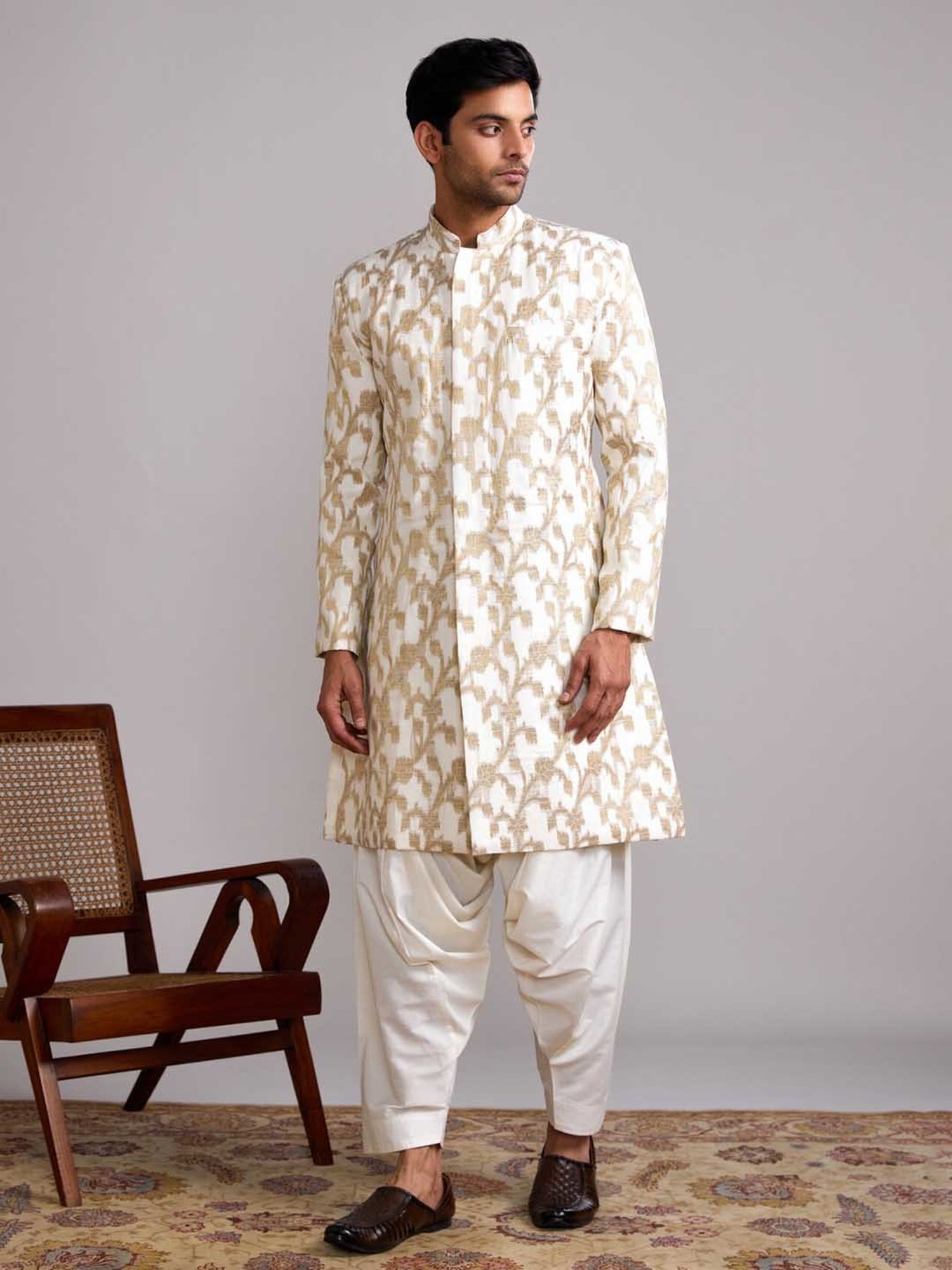 Abhishti Cream Straight Fit Banarasi Printed Kurta & Salwar Set