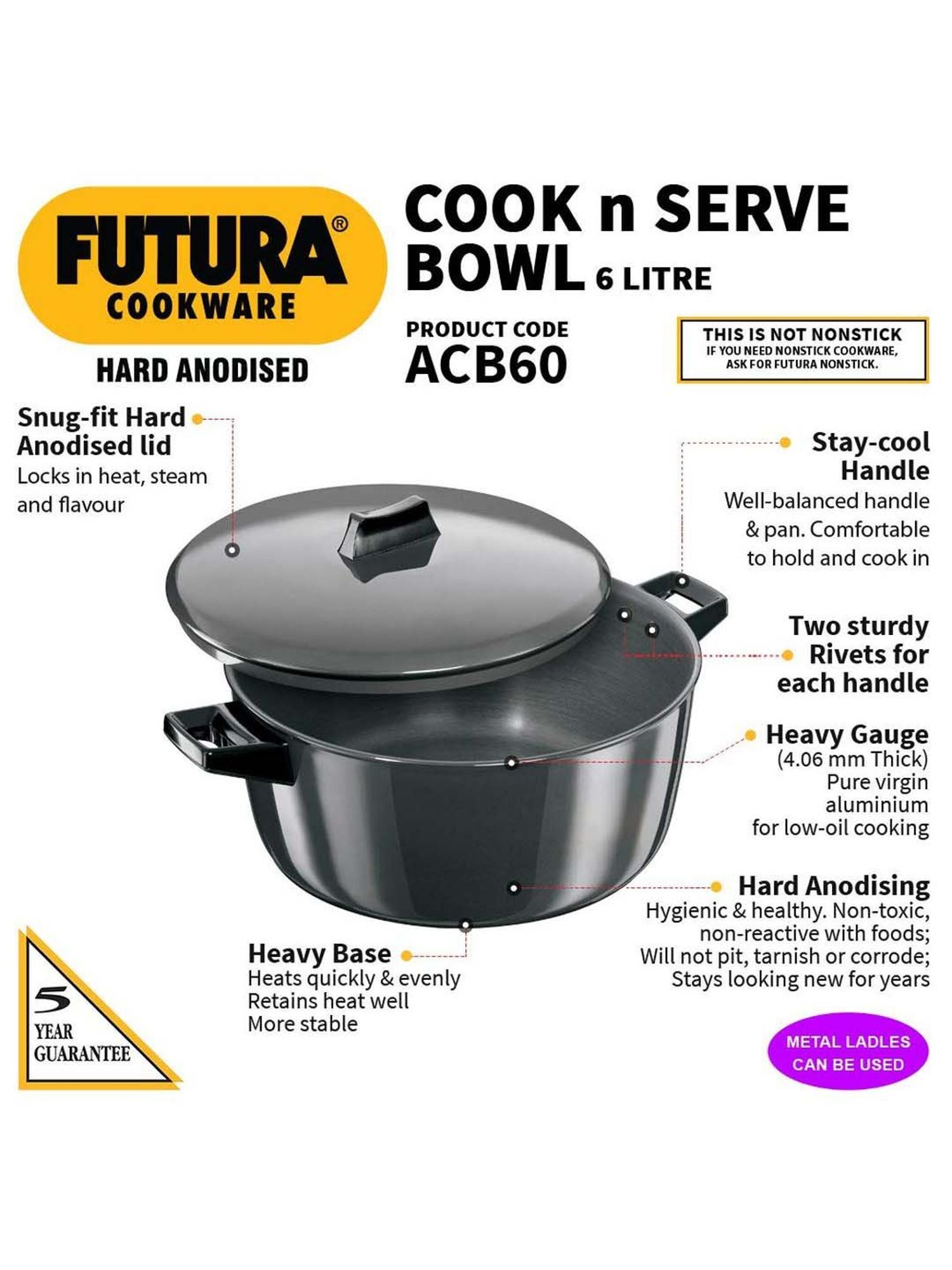 Hawkins Futura Black Hard Anodised 27 cm Cook-n-Serve Bowl with Hard Anodised Lid, 6 L