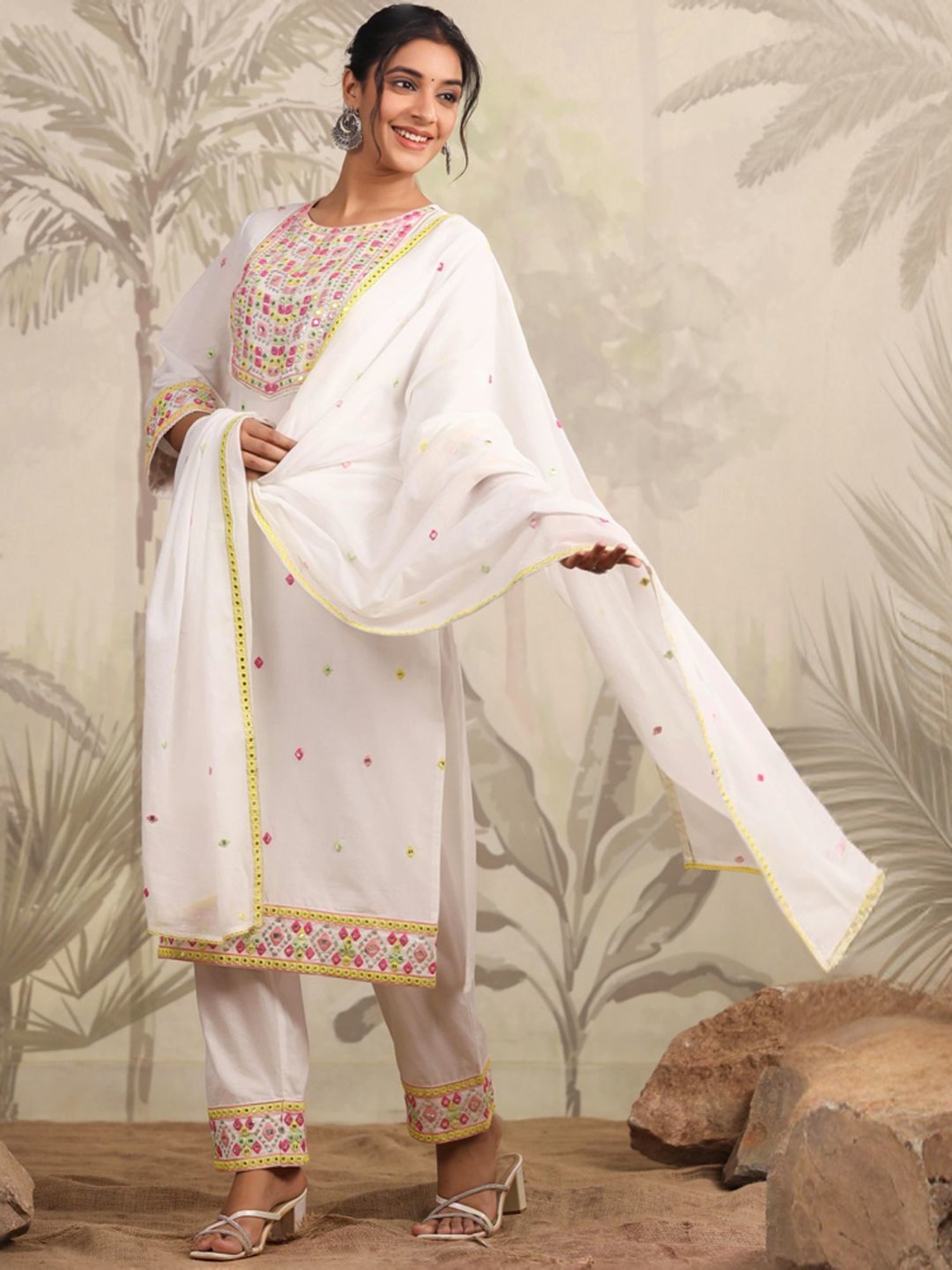 SCAKHI White Cotton Embroidered Kurta Pant Set With Dupatta