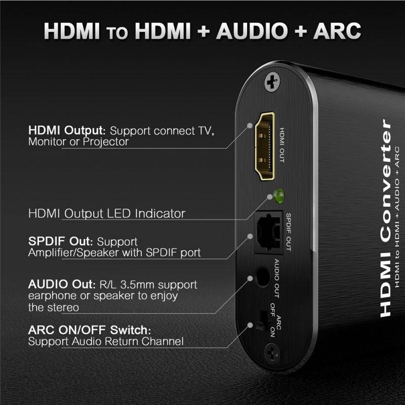 HDMI Audio Extractor - Kchibo 4K HDMI to HDMI Audio Splitter and Optical Toslink SPDIF + 3.5mm Stereo HDMI ARC Adapter Converter Support 3D ARC for PS4/3/ Pro/ Roku/ Bul-Ray