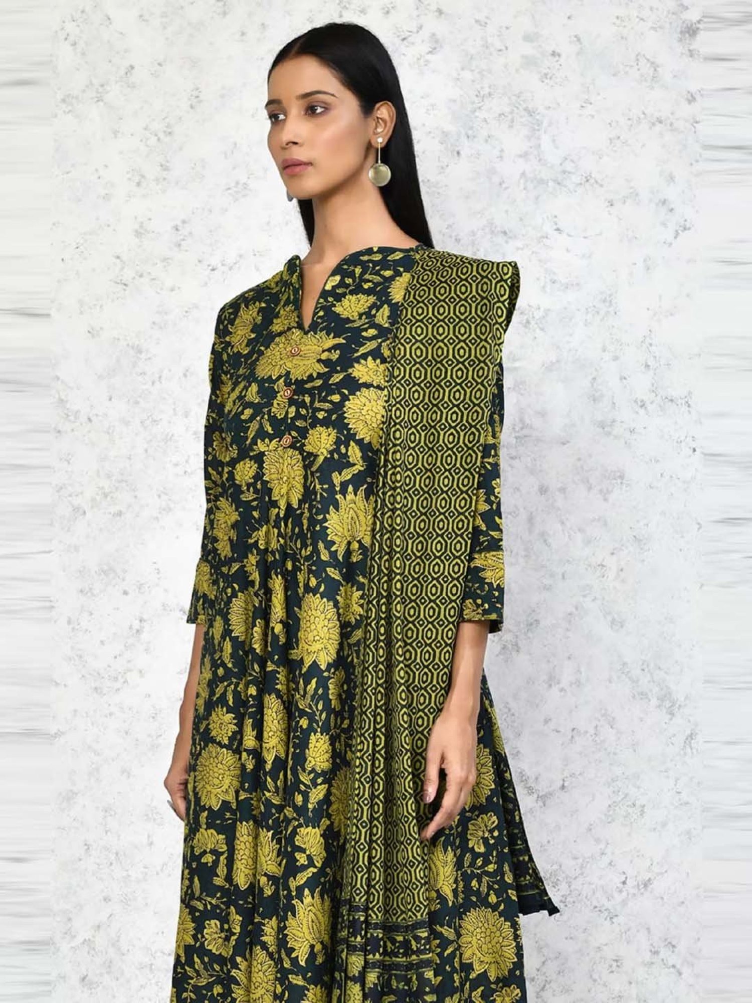Miravan Green Cotton Printed Anarkali Kurta With Dupatta