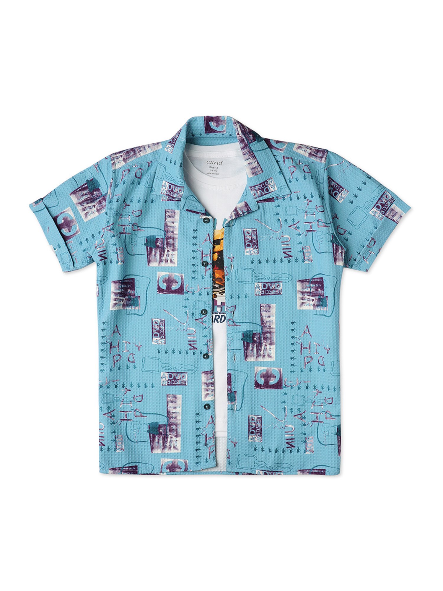 Cavio Kids Blue & White Printed Shirt with T-Shirt