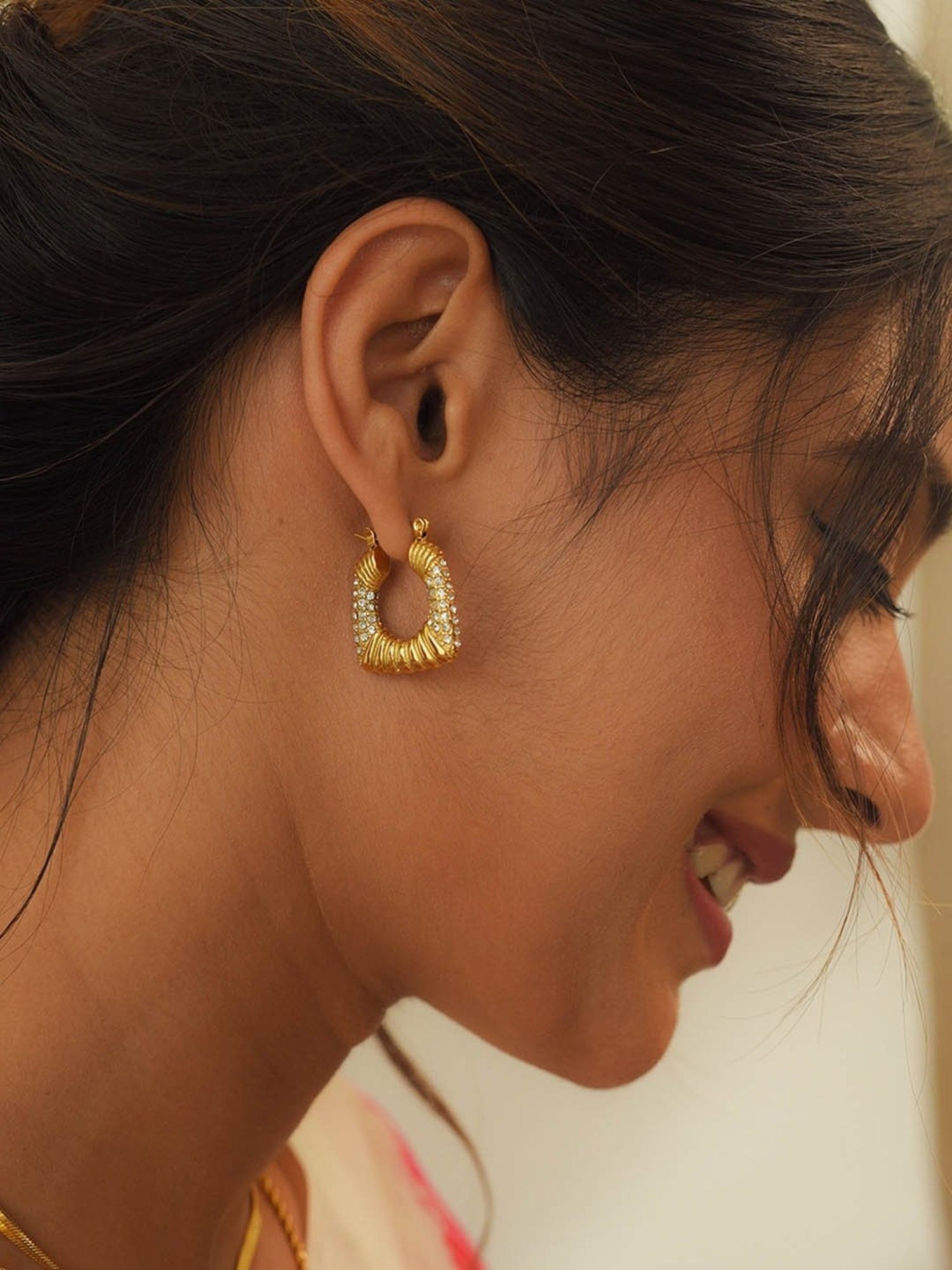 Perfectly Average Diamond CZ Studded Textured Hoops for Women & Girls