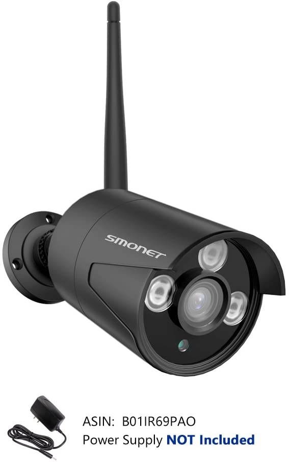 Wireless 1080P IP Camera,SMONET Mega 1.3 HD CCTV Camera, Outdoor/Indoor Bullet Camera with Fixed 4mm or 3.6mm Lens,65Ft Night Vision,3pcs Array LED Light w/Bracket, Black,No Power Supply