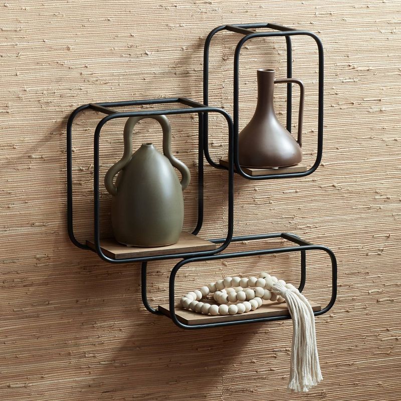 Newhill Designs Jasper Matte Black and Brown Tri-Stacked Square Wall Shelf