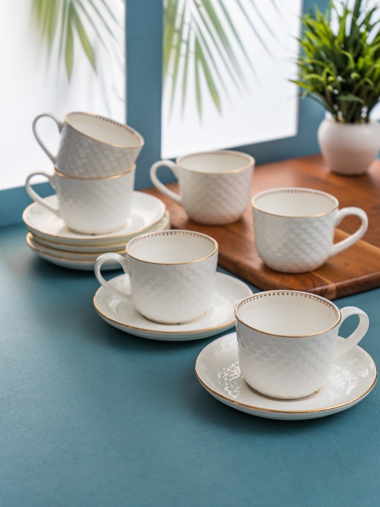 Clay Craft Fine Printed White Ceramic Cup & Saucer 180 ml - Set of 12