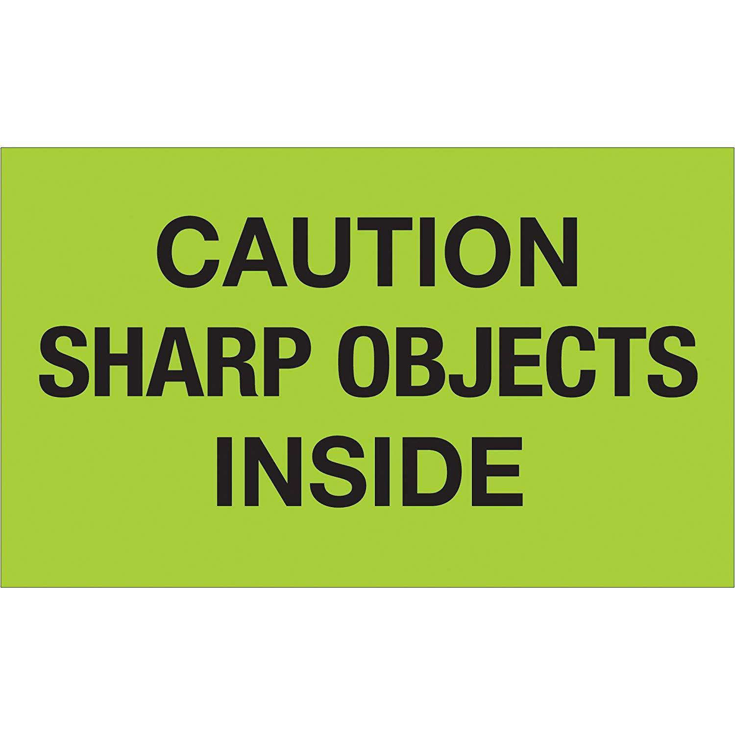 Tape Logic DL1126 Special Handling Label, Legend "Caution Sharp Objects Inside", 5" Length x 3" Width, Fluorescent Green (Roll of 500)