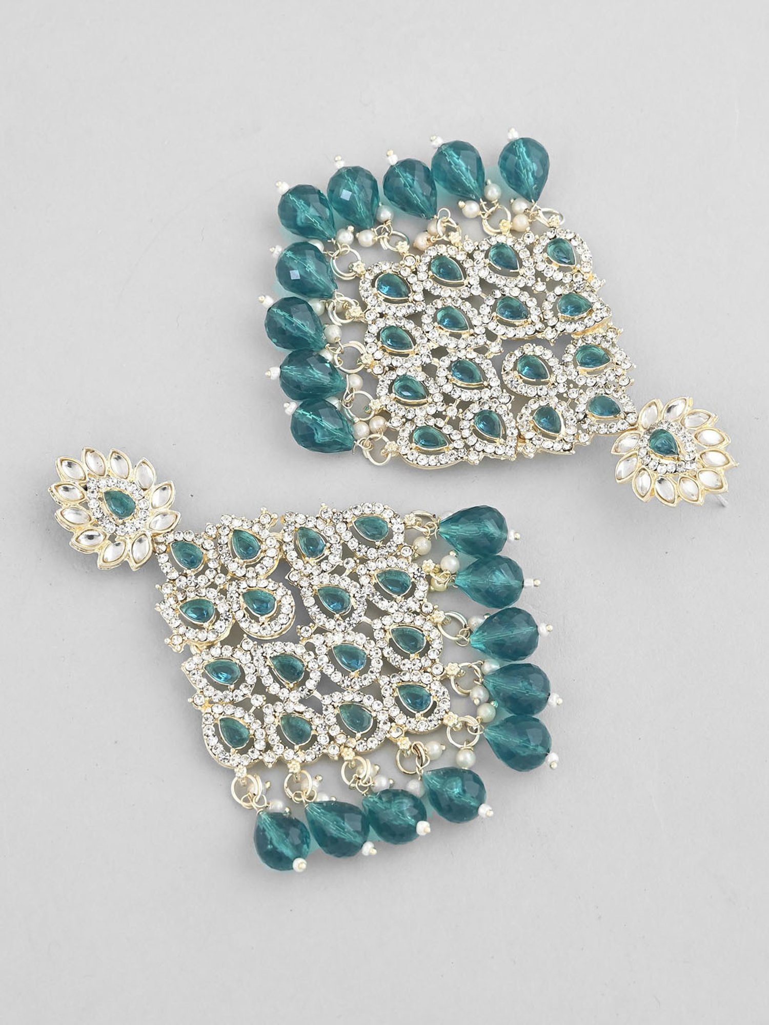 VOJ Traditional Gold Plated Green & White Ad Stone Statement Earrings for Women