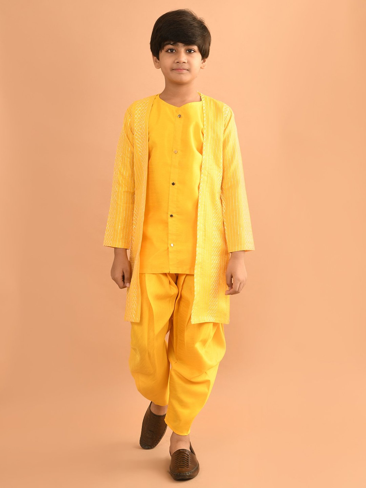 VASTRAMAY Boys Yellow & White Cotton Printed Full Sleeves Kurta Sets