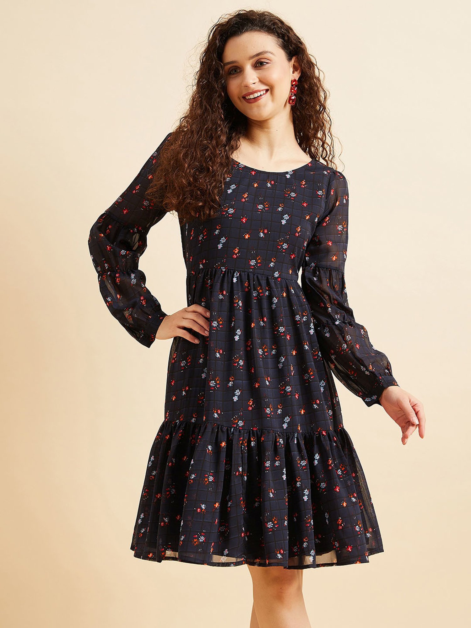 PANIT Navy Floral Print Ethnic Dress