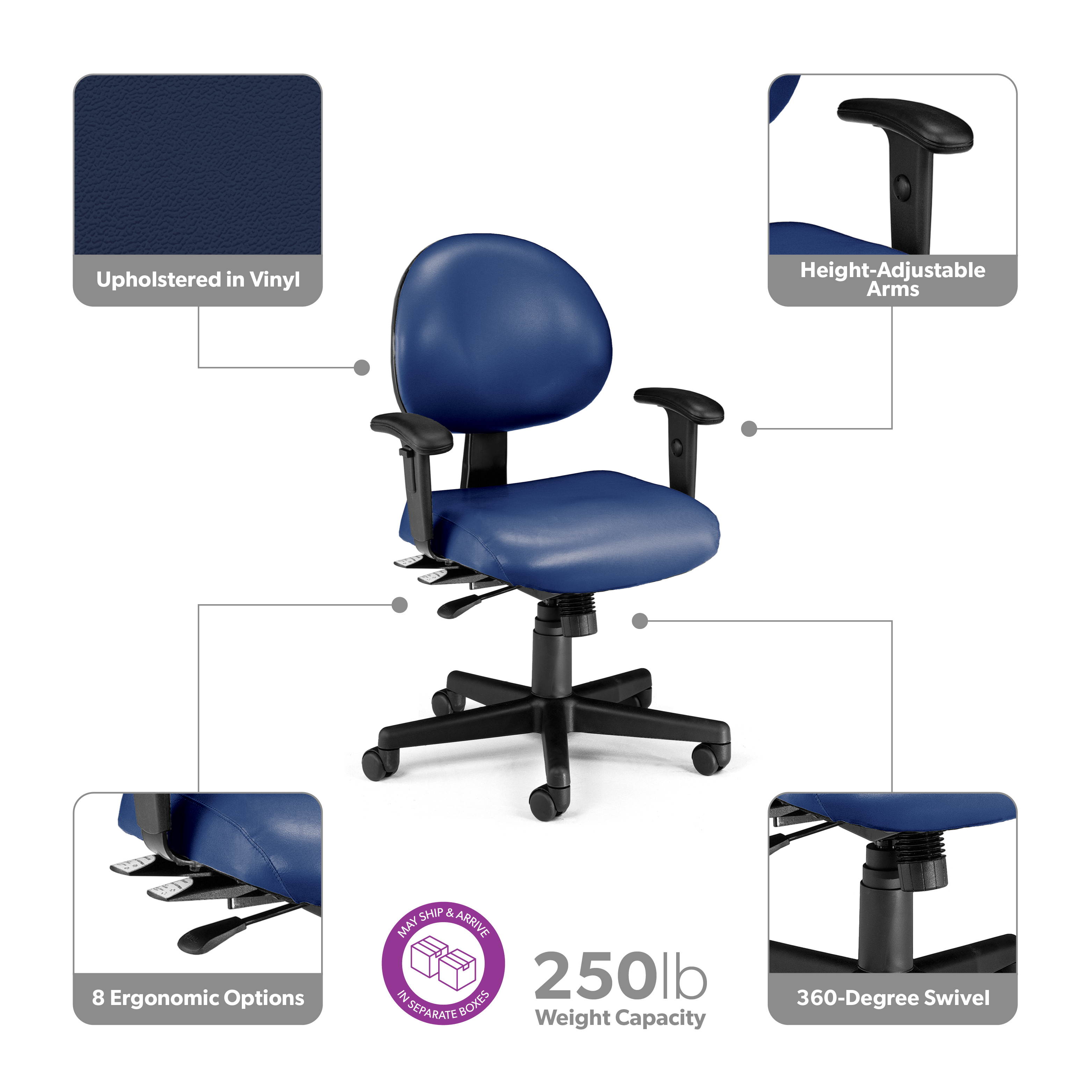 OFM 24 Hour Ergonomic Task Chair with Arms, Anti-Microbial/Anti-Bacterial Vinyl, in Navy (241-VAM-AA-605)