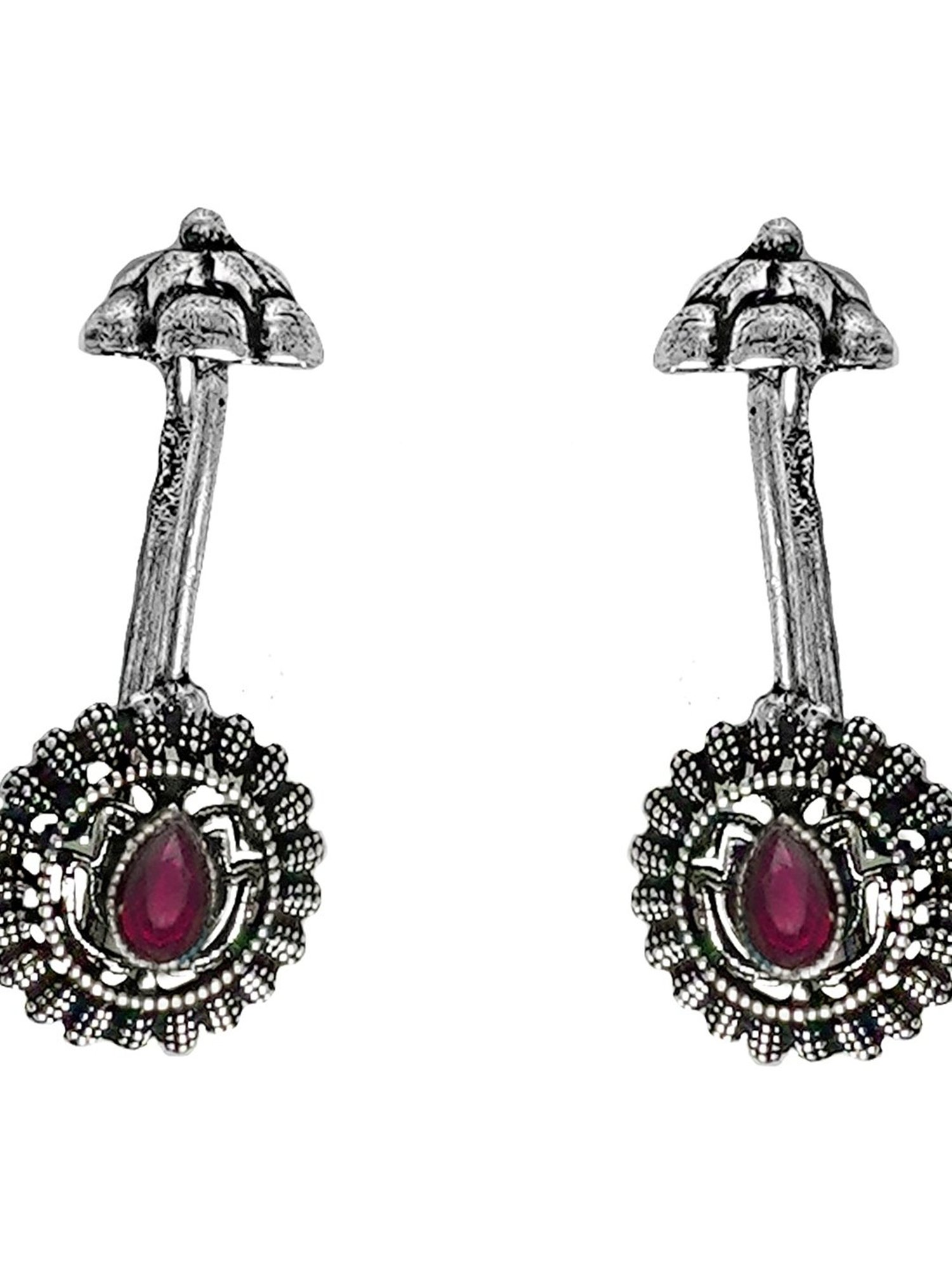 Teejh Ethnic Nitara Red Stone Silver Oxidized Ear Cuff Earrings