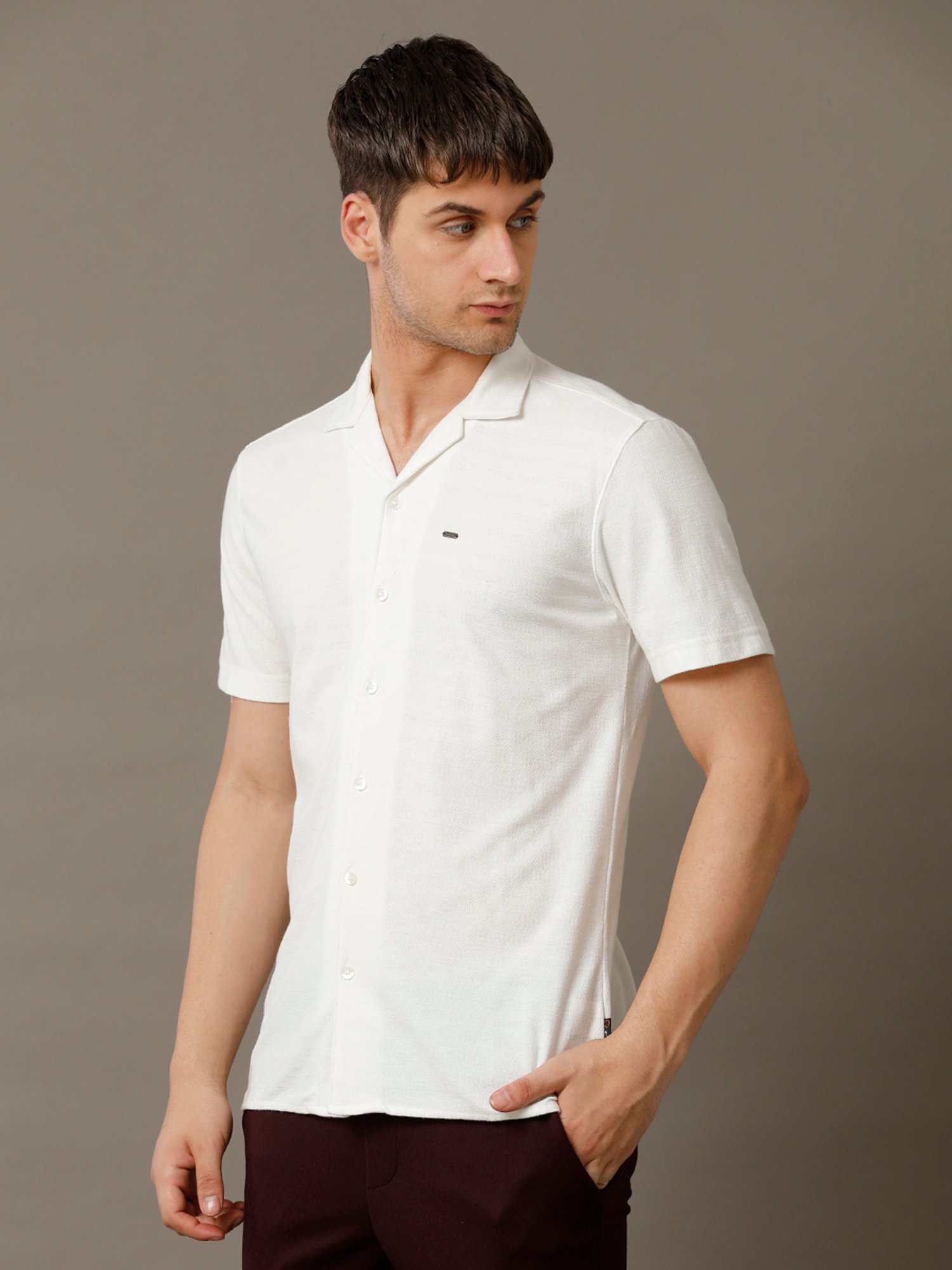 Identiti White Slim Fit Self Design Shirt