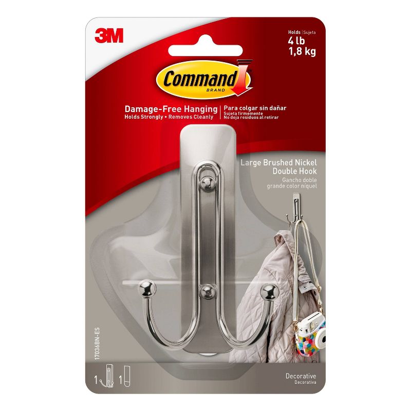 Command Large Sized Double Decorative Hook Nickel