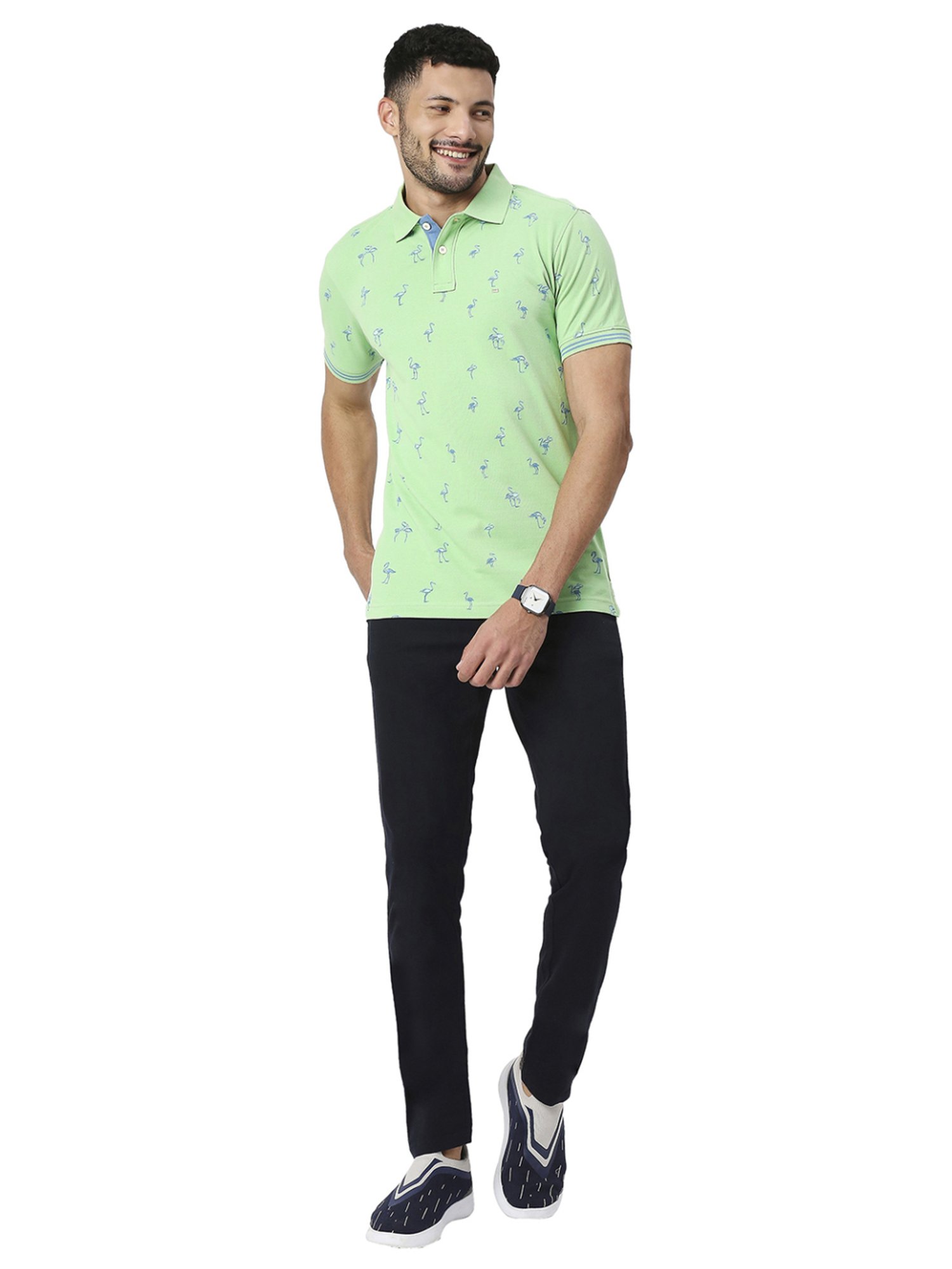 Basics Green Slim Fit Printed Polo T-Shirt