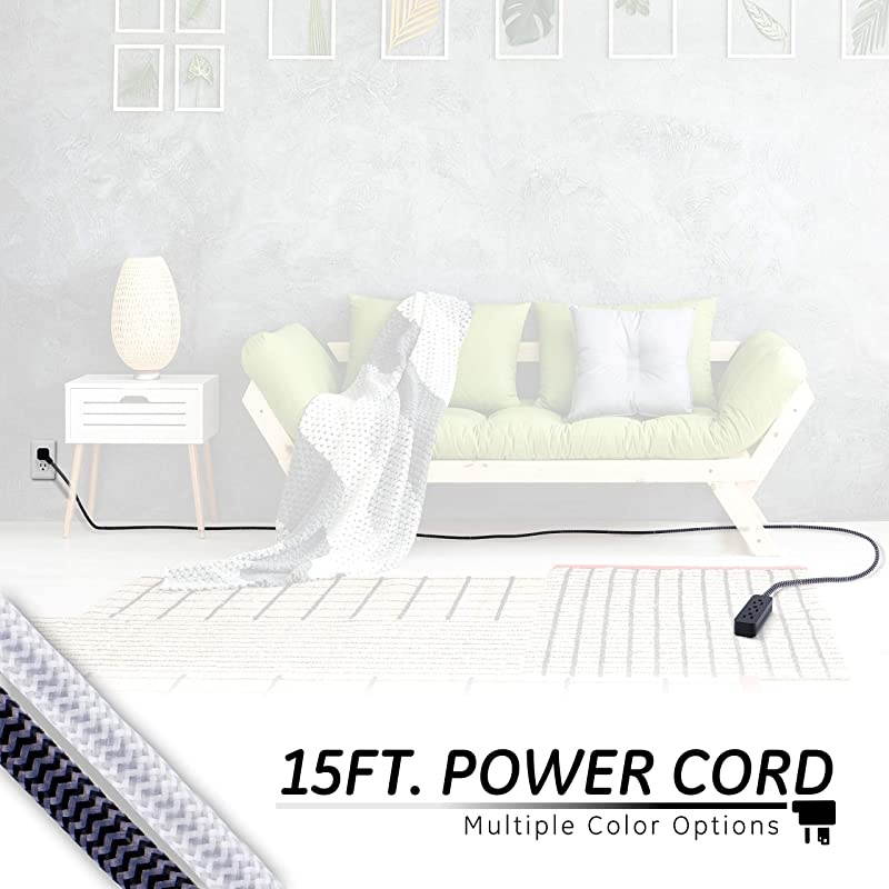 Designer Extension Cord with Sur Protection Braided Power Cord 15 ft 3 Grounded Outlets Flat Plug Premium BlackGrey 44237