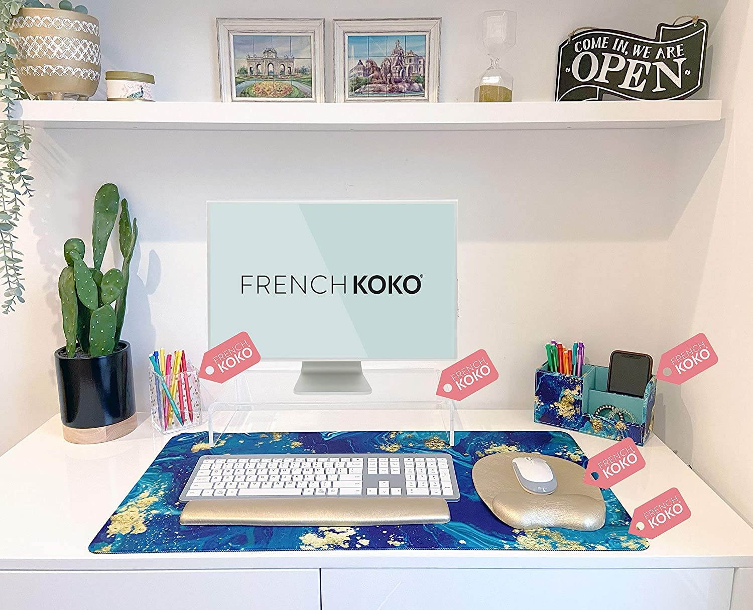 French Koko Mouse Pad with Wrist Support Cute & Ergonomic Mousepad Gel Support Desktop Padded Wrist Rest Memory Foam for Easy Mouse Movement Computer Laptop Home Office School (Leather Gold)