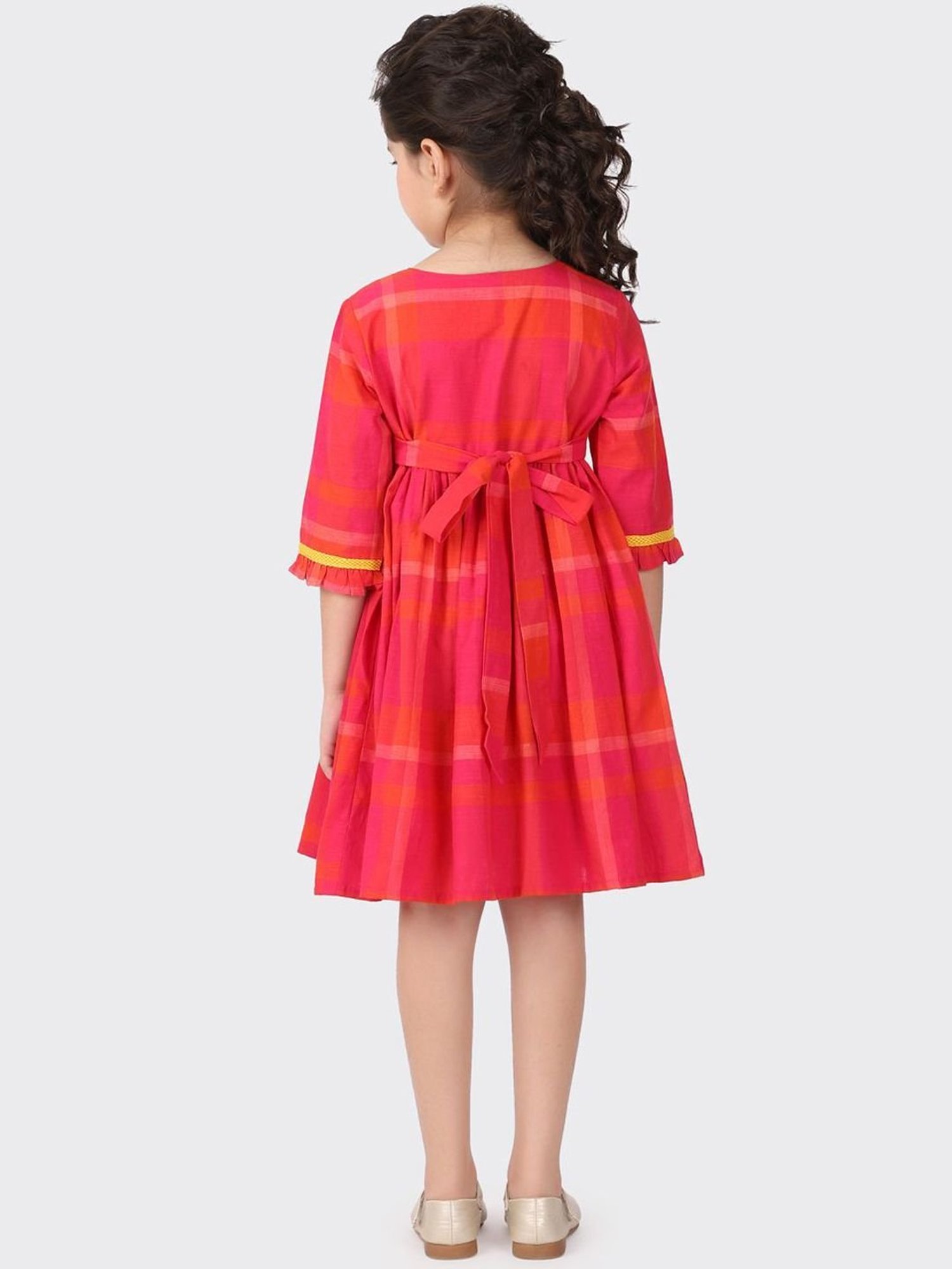 Fabindia Kids Red Cotton Chequered Dress