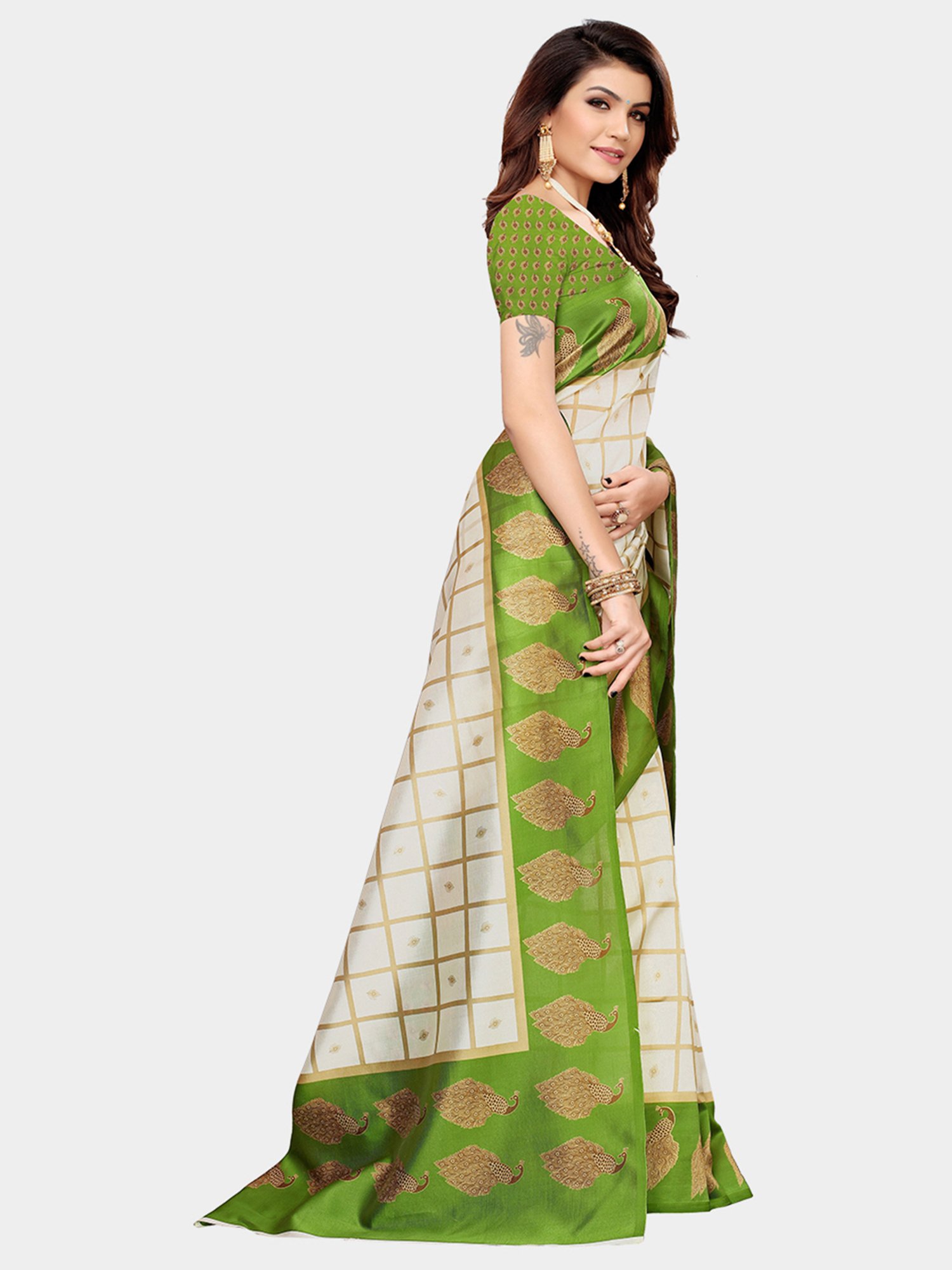 KSUT Green & Beige Check Saree With Blouse
