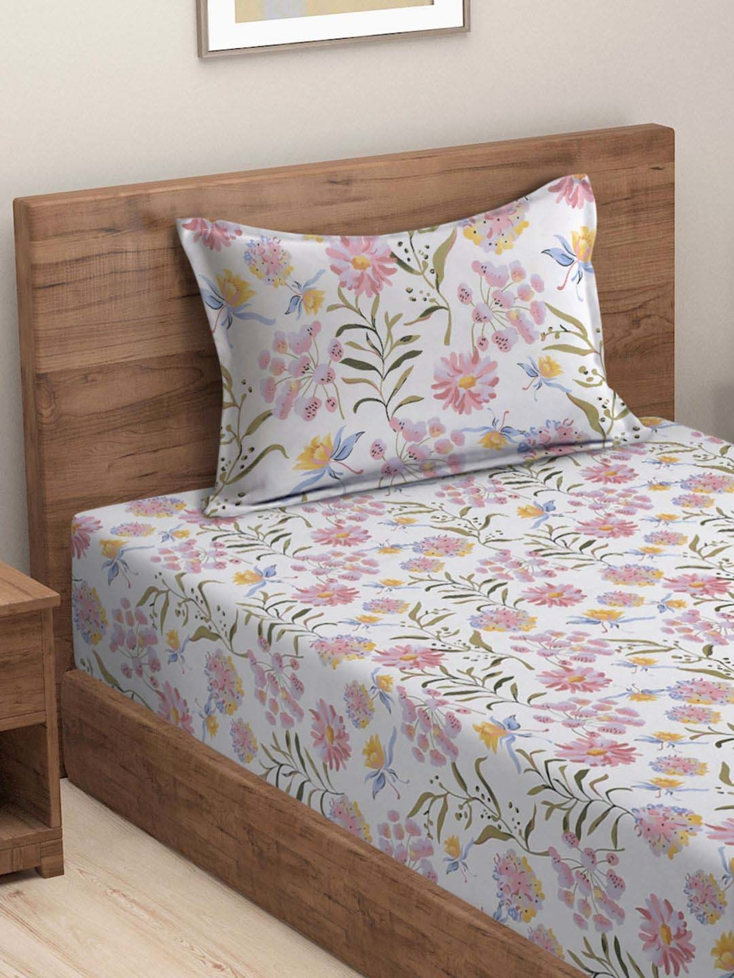 HOSTA HOMES White & Pink Cotton 280 TC Single Bedsheet with 1 Pillow cover