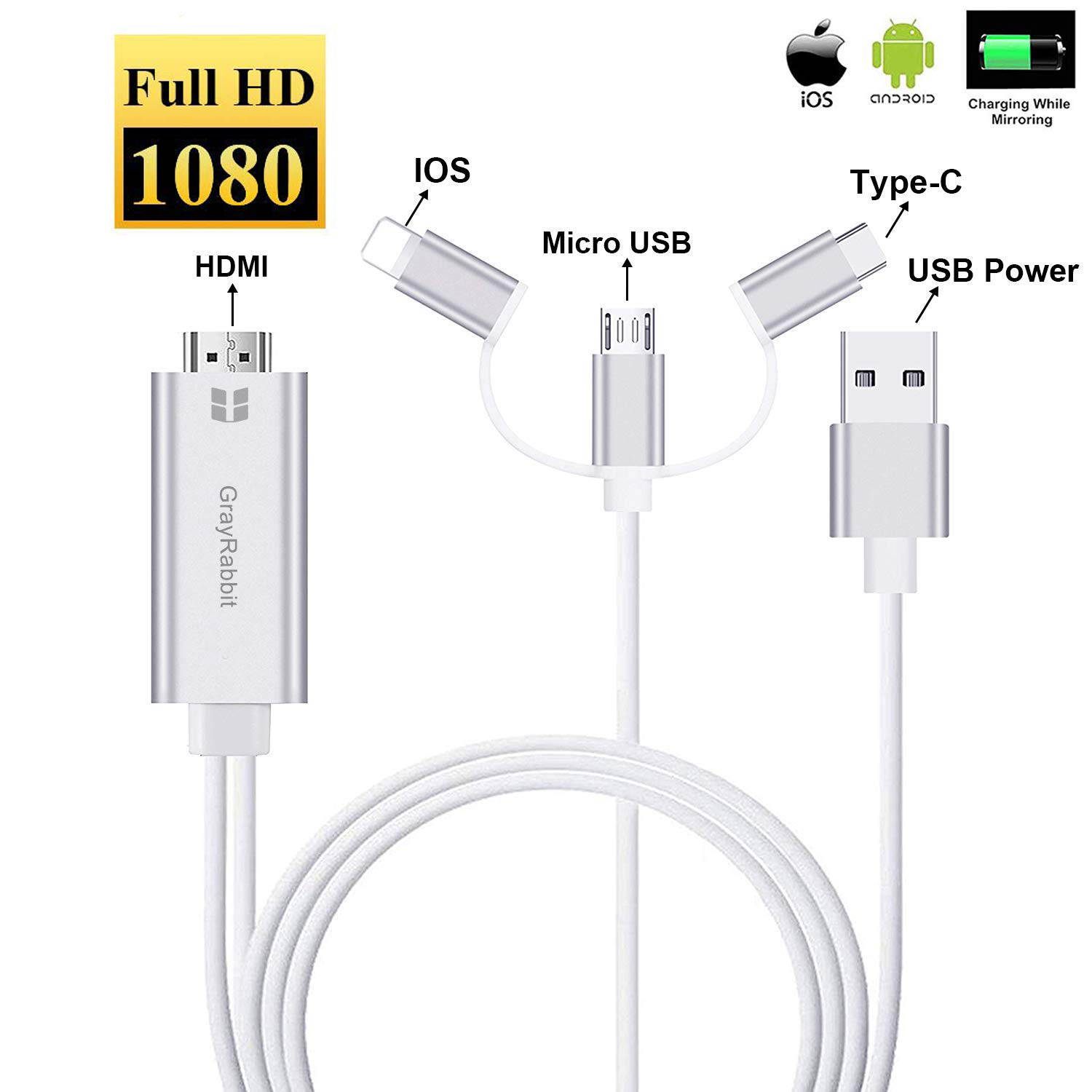 ESTONE 3 in 1 HDMI Cable Adapter,GrayRabbit 1080P USB/Type-C to HDMI Adapter Mirror Mobile Phone Screen to TV/Projector/Monitor Compatible with S8/9 Note 8/9 and More Android Devices-Black