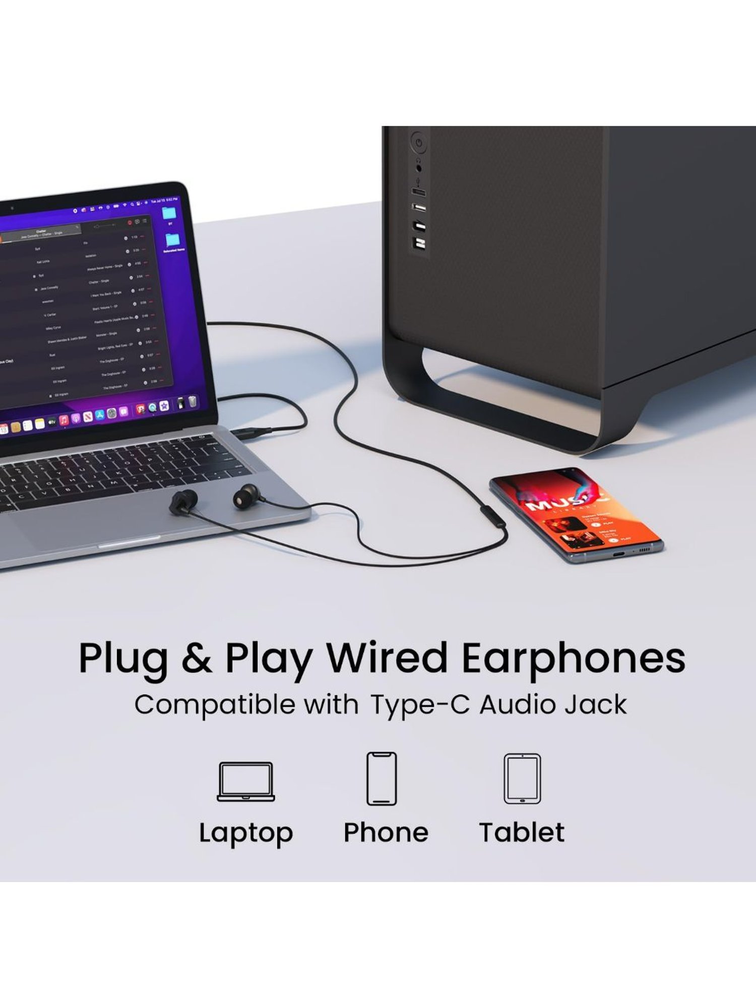 Portronics Conch Beat C in Ear Wired Earphones with Mic, Type C Audio Jack, 10mm Driver (Black)