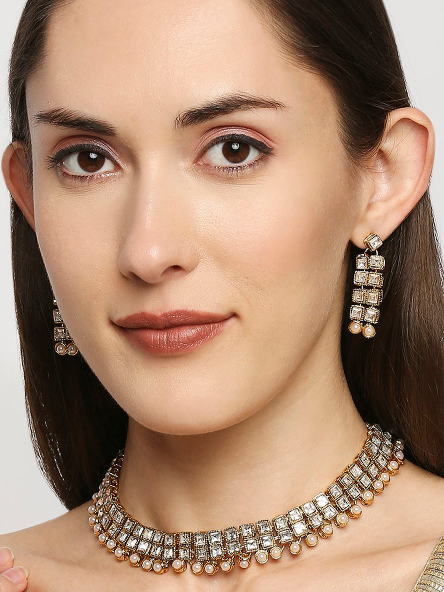 OOMPH Gold Tone Jadau Kundan & Pearl Delicate Choker Necklace Set with Drop Earrings