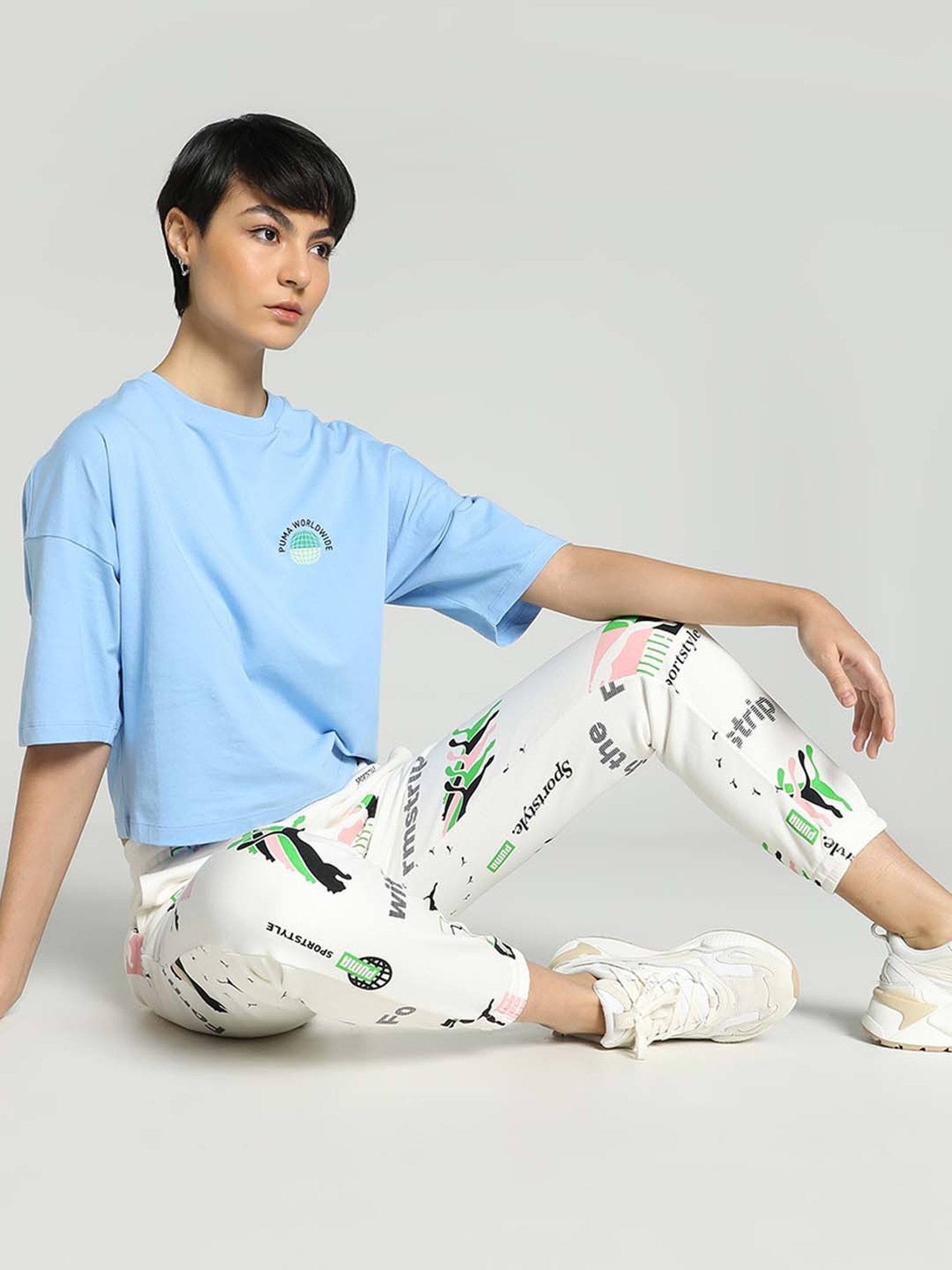 Puma White Cotton Printed Sports Track Pants