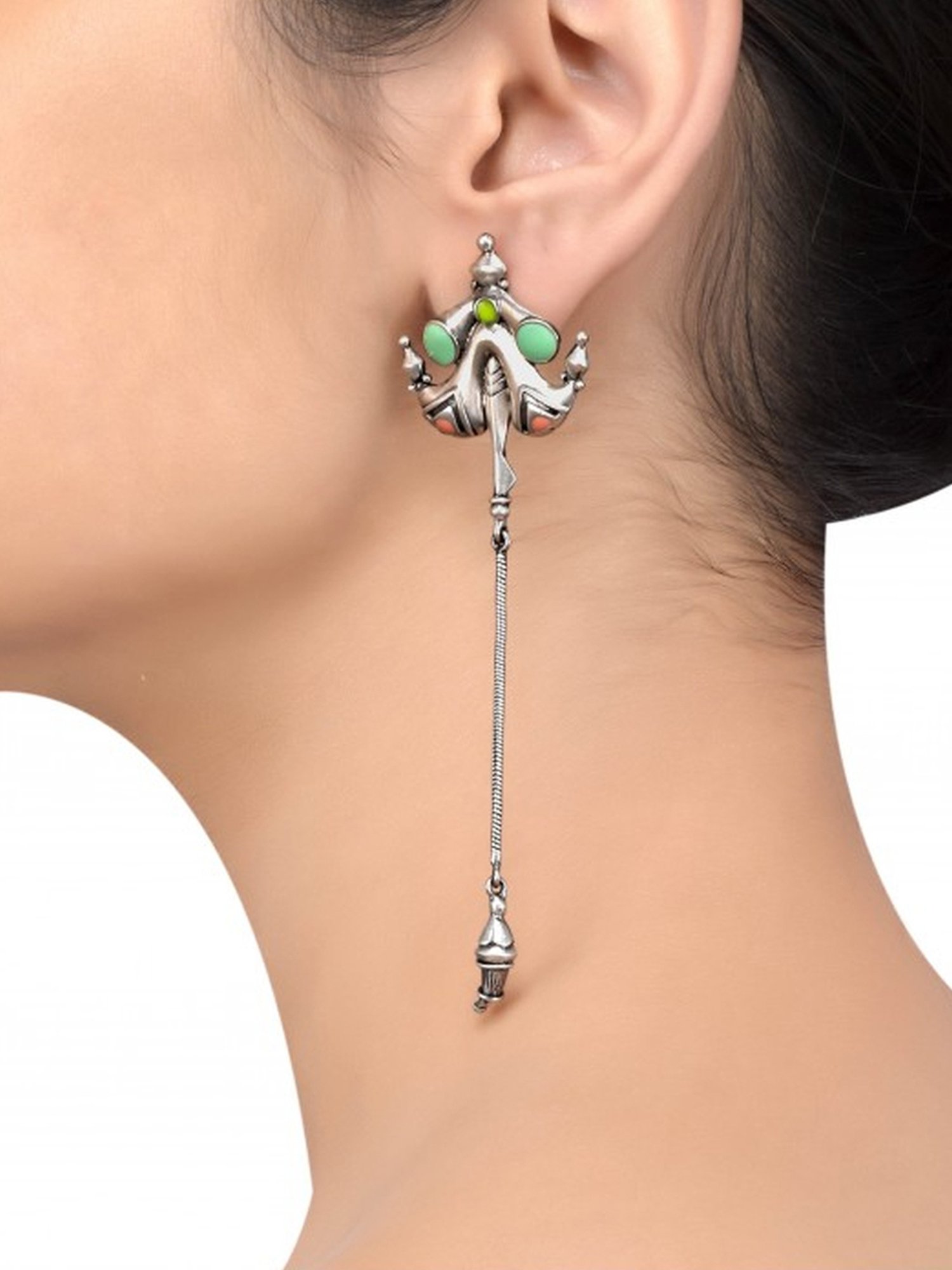 Tribe Amrapali Green Enamel Chandrika Pagoda Tassel Danglers