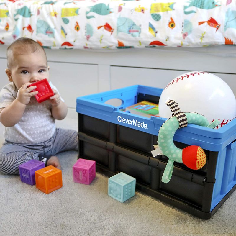 CleverMade CleverCrate Durable Plastic Stackable 32L Collapsible Shopping Basket, Neptune Blue (3-Pack)