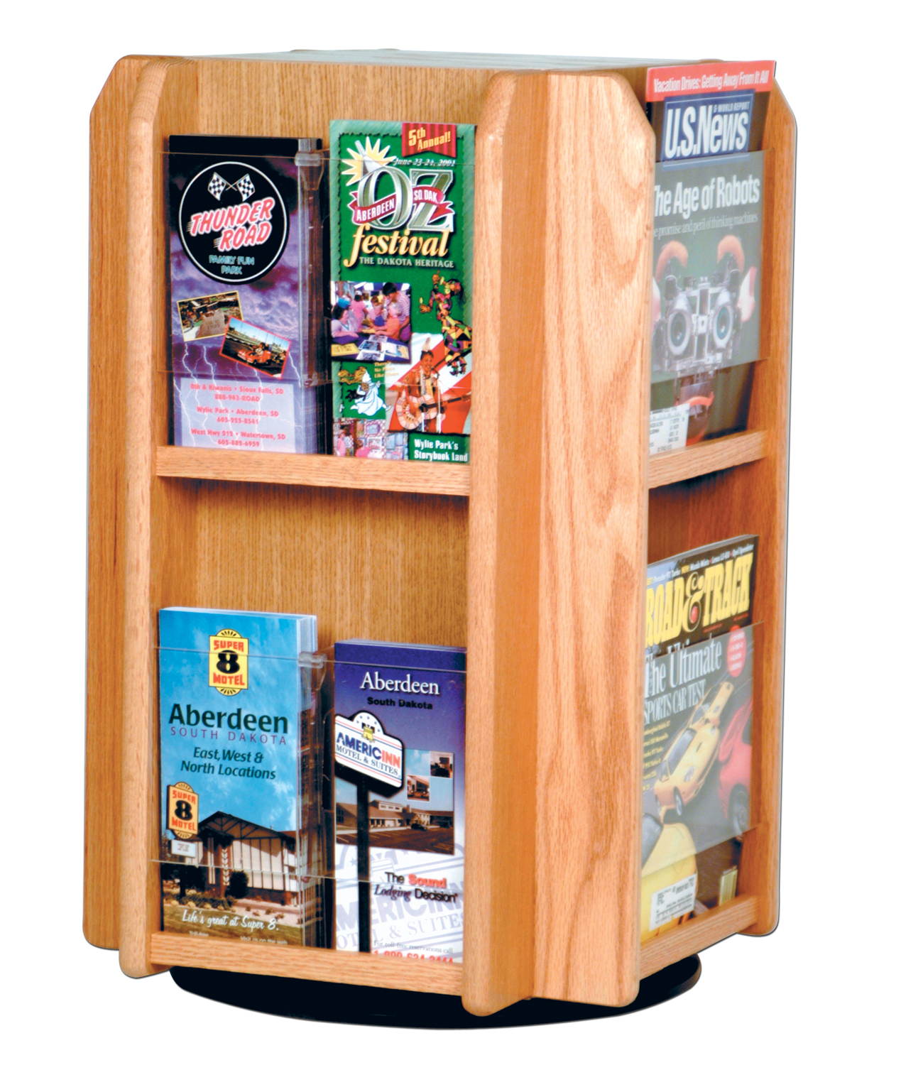 Wooden Mallet Home Office Divulge Spinning Counter Display with 8 Magazine 16 Brochure Pockets wBrochure Inserts Light Oak