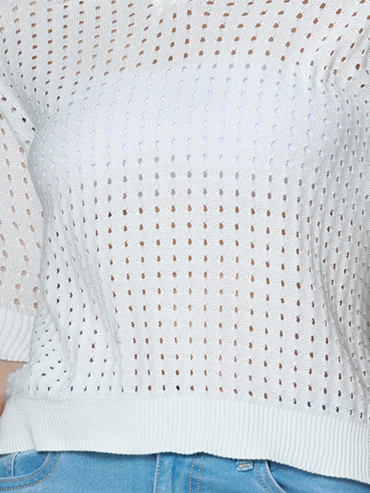 High Star White Cotton Self Design Top