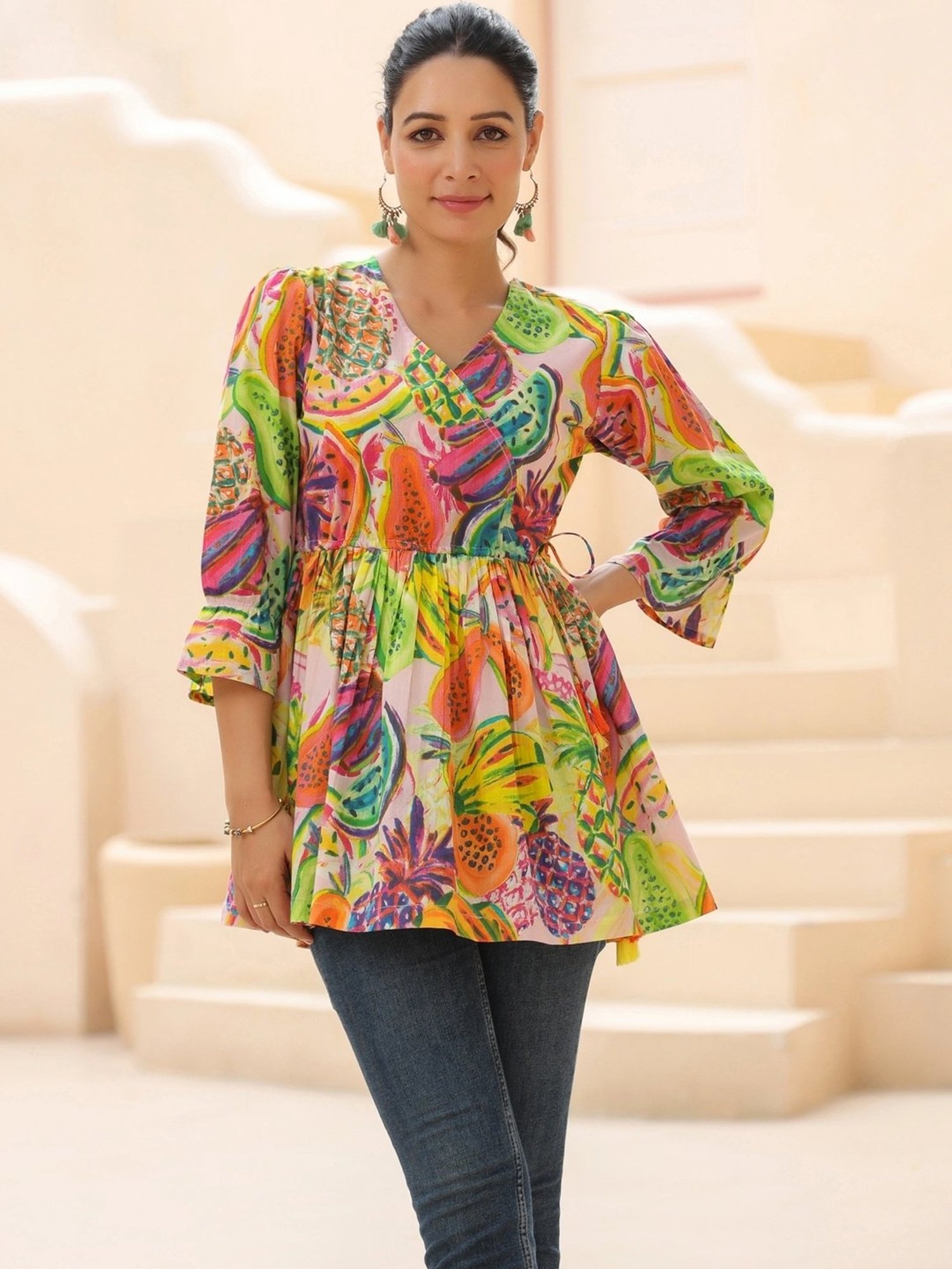 Rain and Rainbow Multicolored Cotton Printed Top