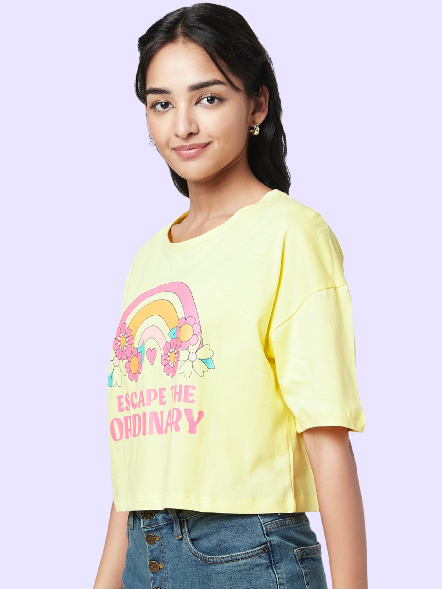 YU by Pantaloons Yellow Cotton Graphic Print Top